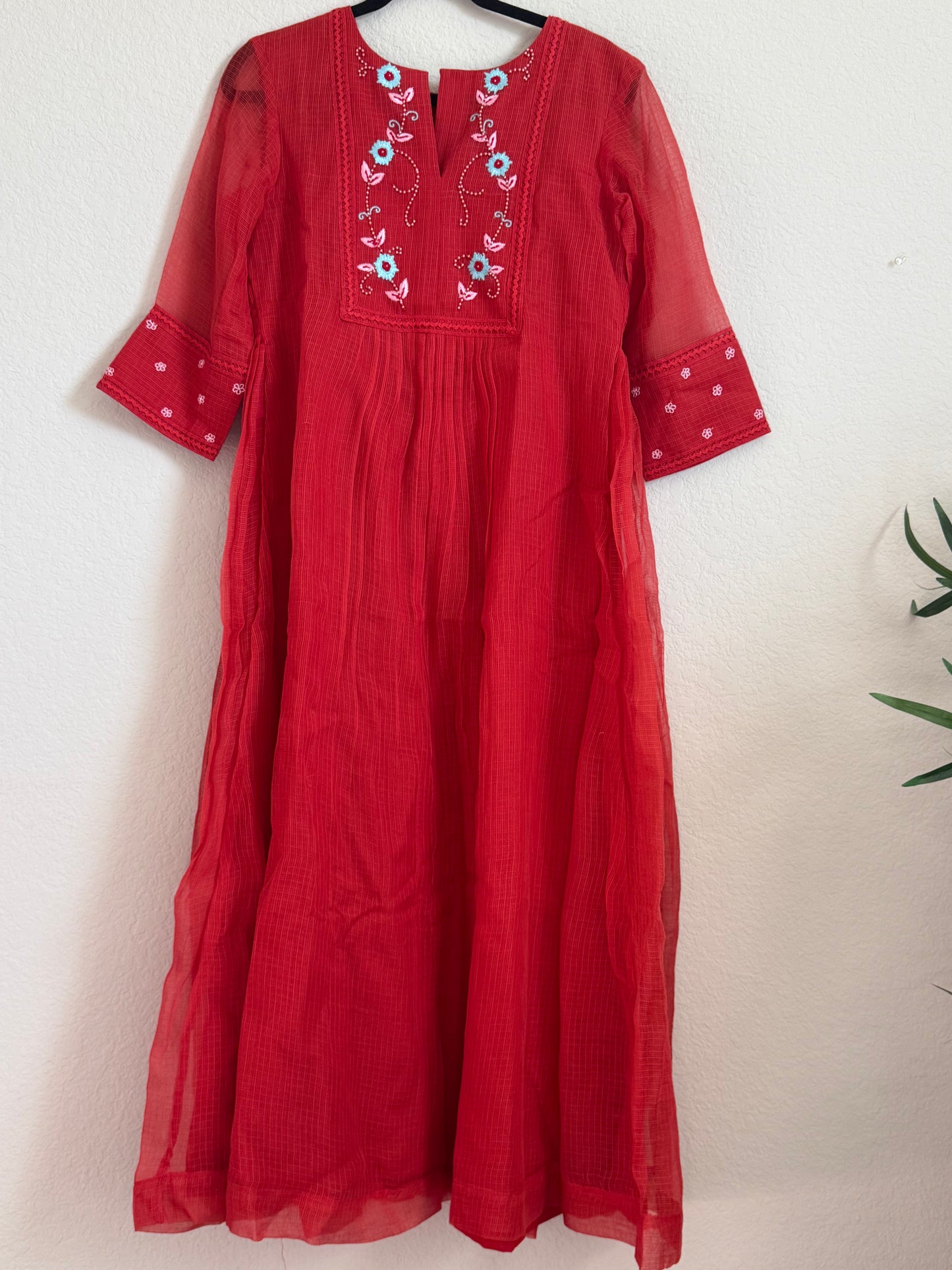 Rust Orange Kota Maggam Work Dress