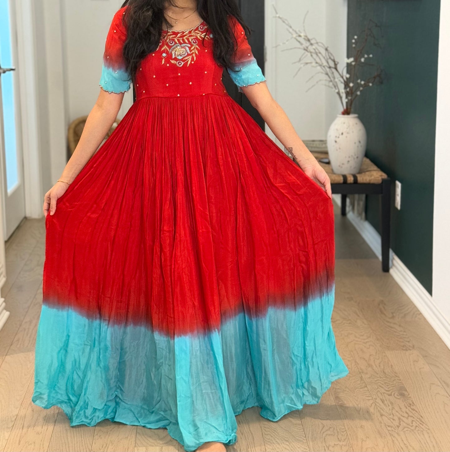 Red with teal dual shade chinnon long designer anarkali dress with maggam work detailing on the yolk