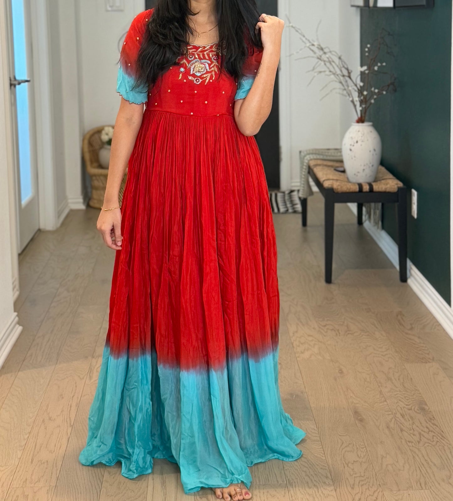 Red with teal dual shade chinnon long designer anarkali dress with maggam work detailing on the yolk
