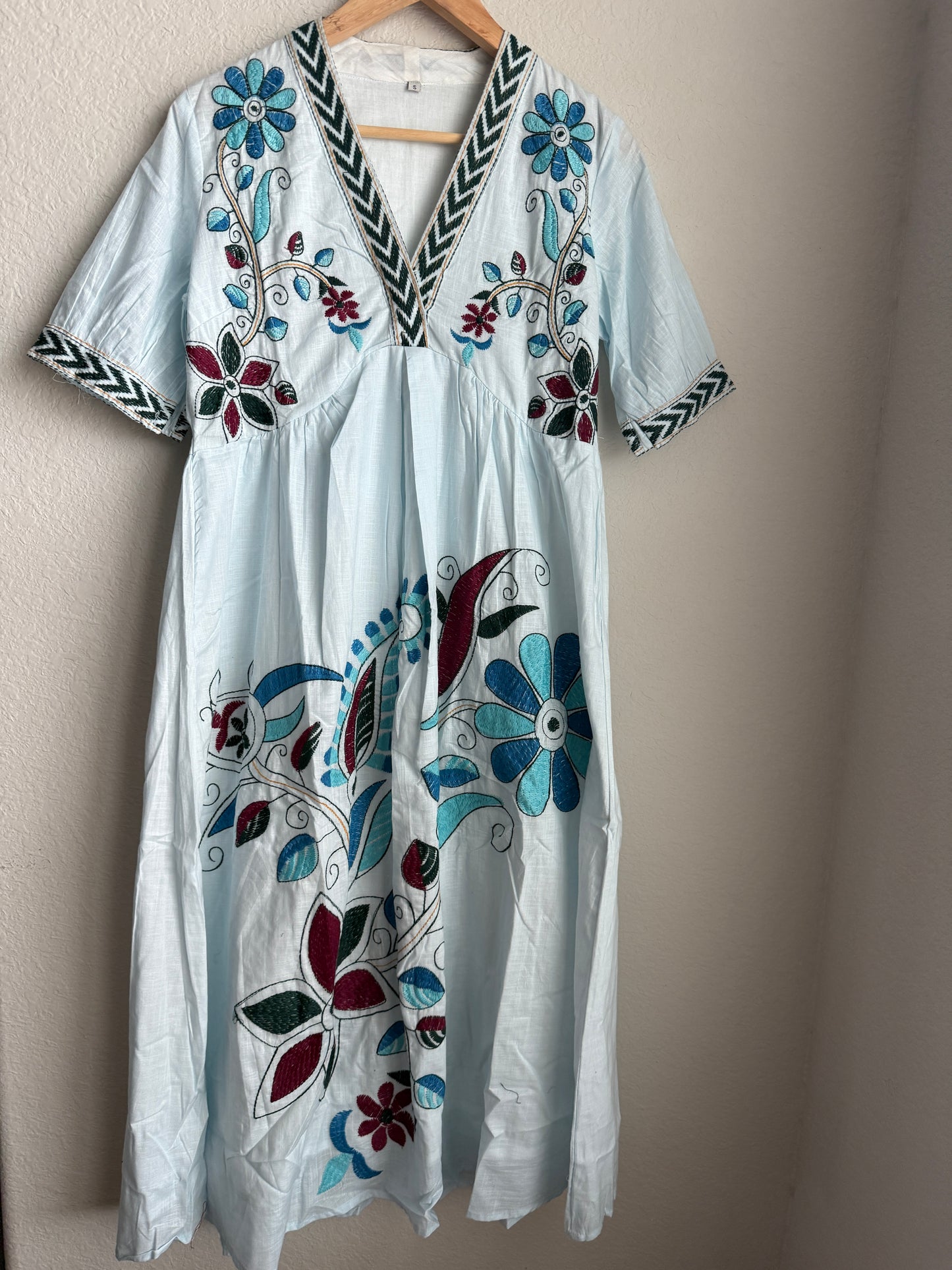Light Blue Floral Embroidered Tunic Dress – Cotton Midi Dress