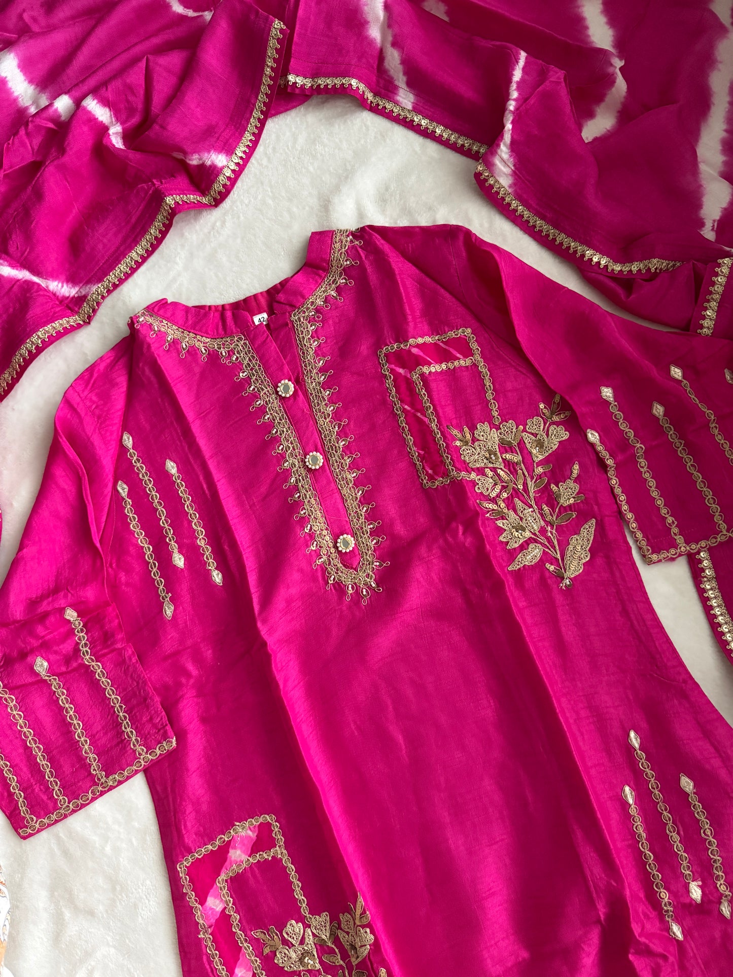 Pink Dola Silk Heavy Work Straight Cut Kurti Set with Leheriya Dupatta
