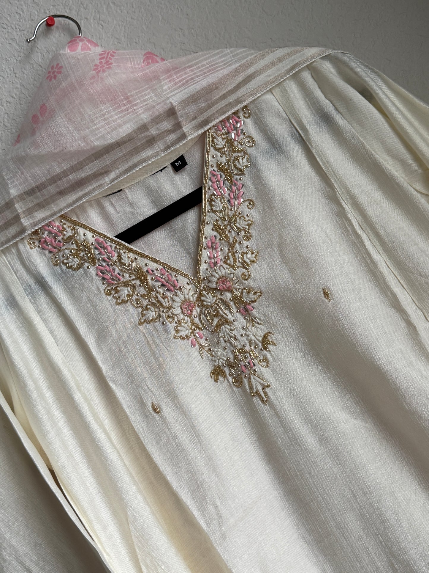 Ivory shade vatican silk handwork anarkali kurti set with floral dupatta
