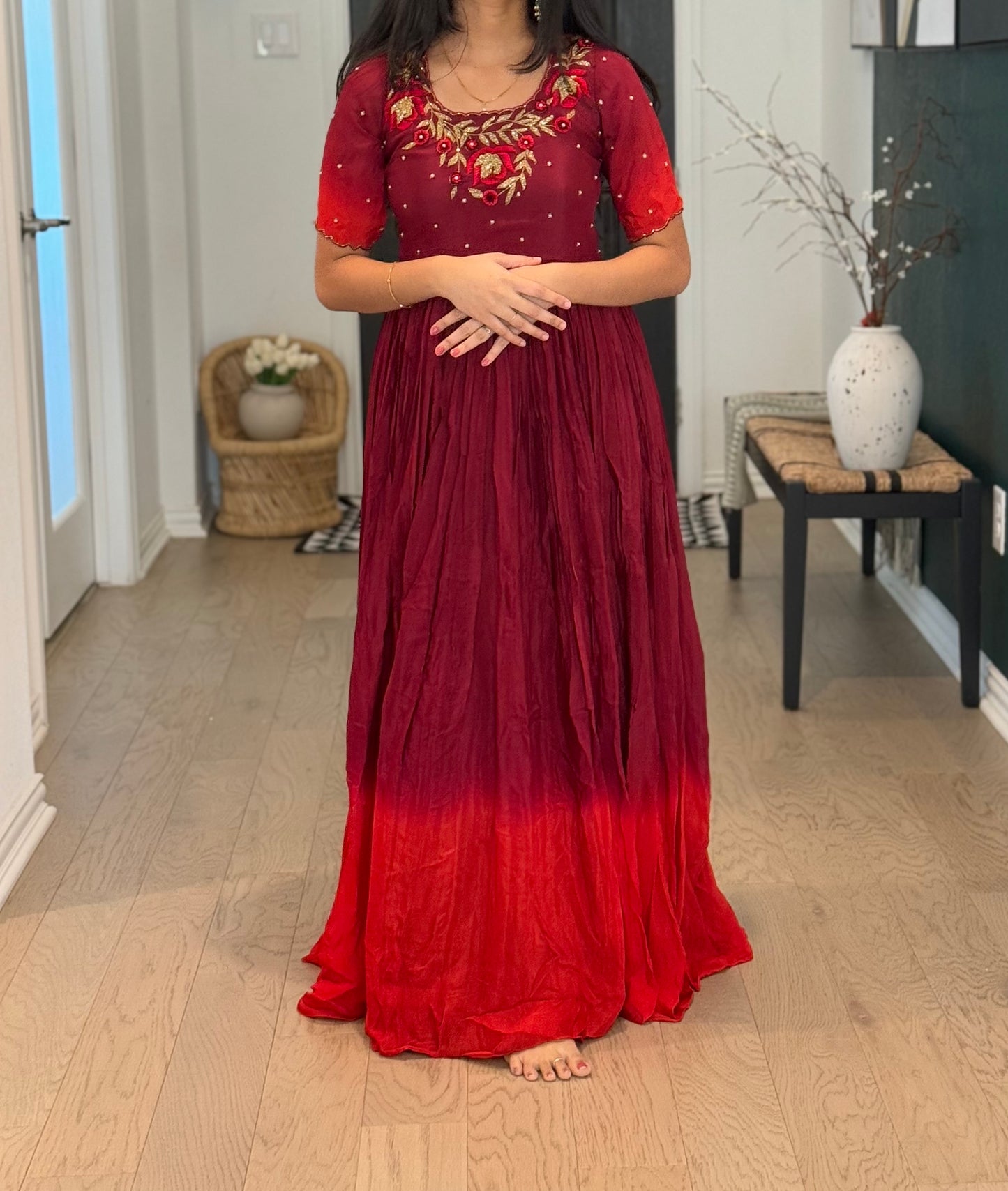 Maroon with red dual shade chinnon long anarkali dress with maggam work detailing on the yolk