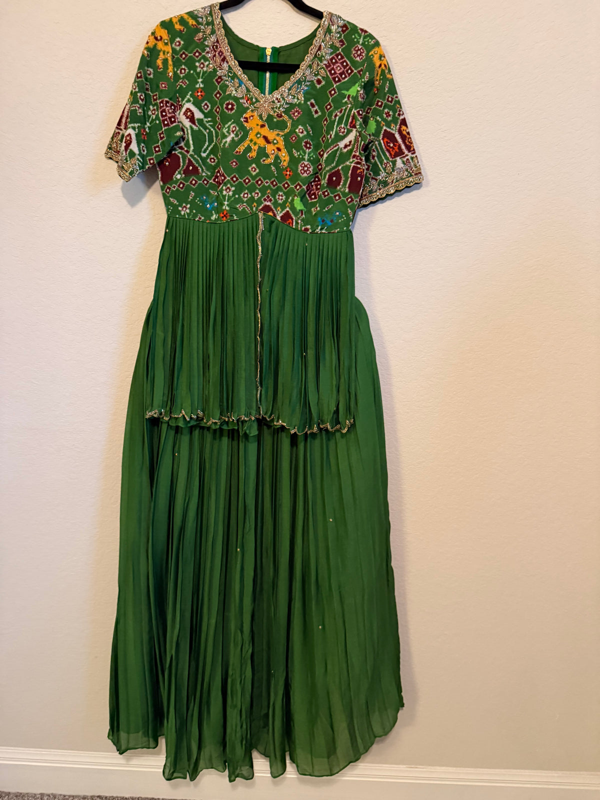Green Pure Patola Peplum Top with Skirt Set