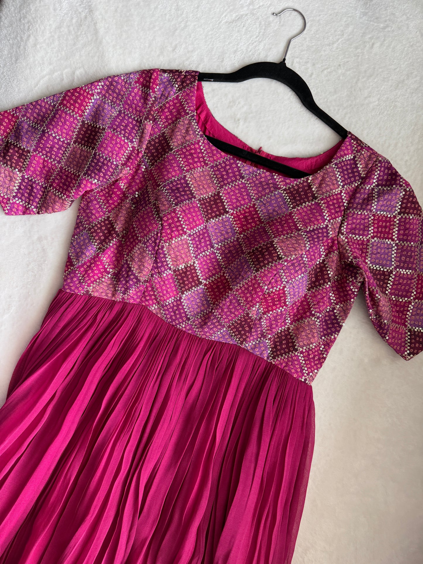 Pink georgette long anarkali dress - designer yolk sequin detailing