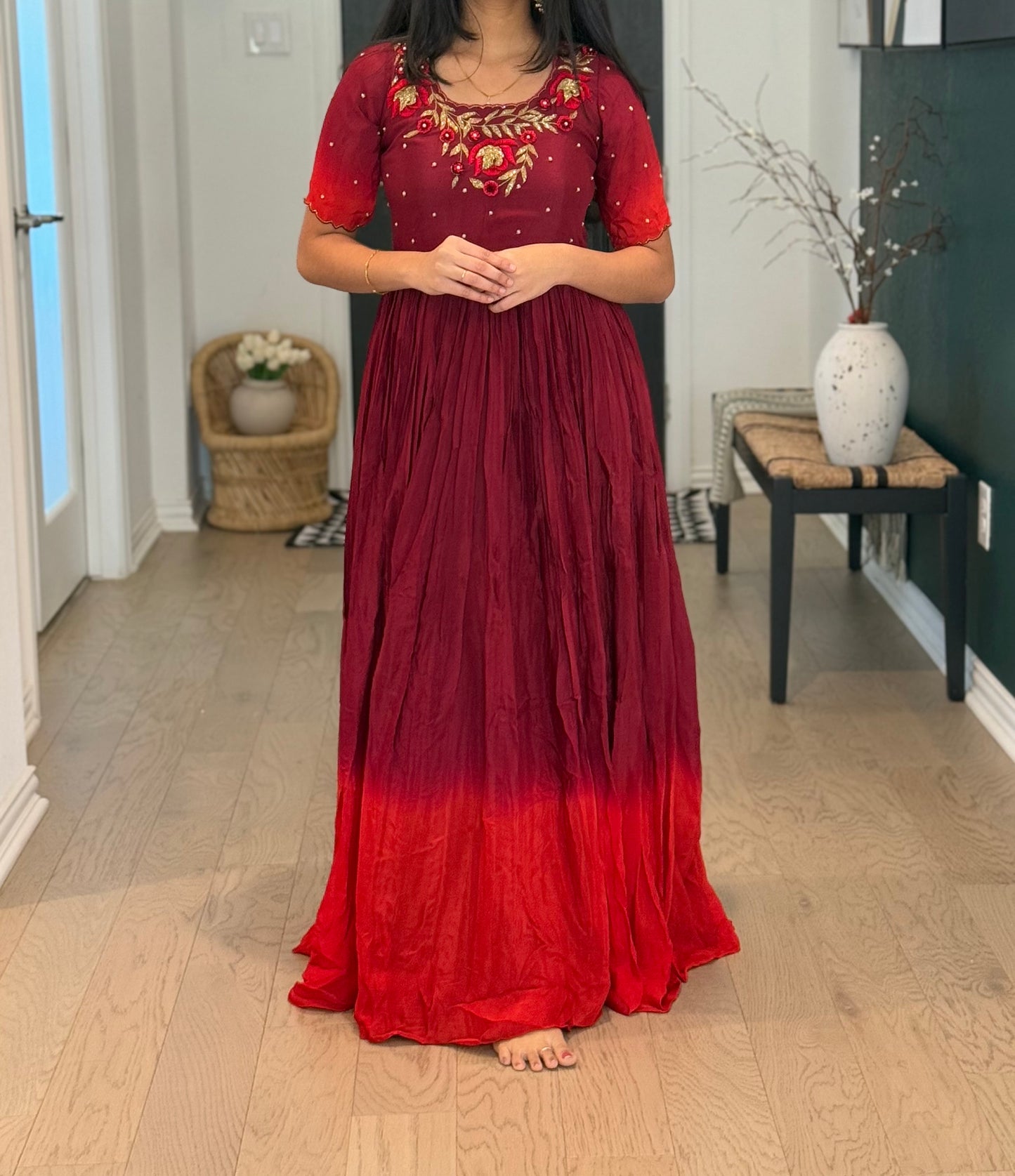 Maroon with red dual shade chinnon long anarkali dress with maggam work detailing on the yolk