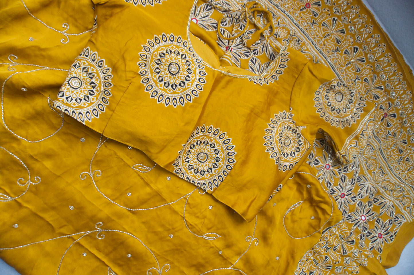 Yellow Ajrakh Modal Silk Handwork Saree