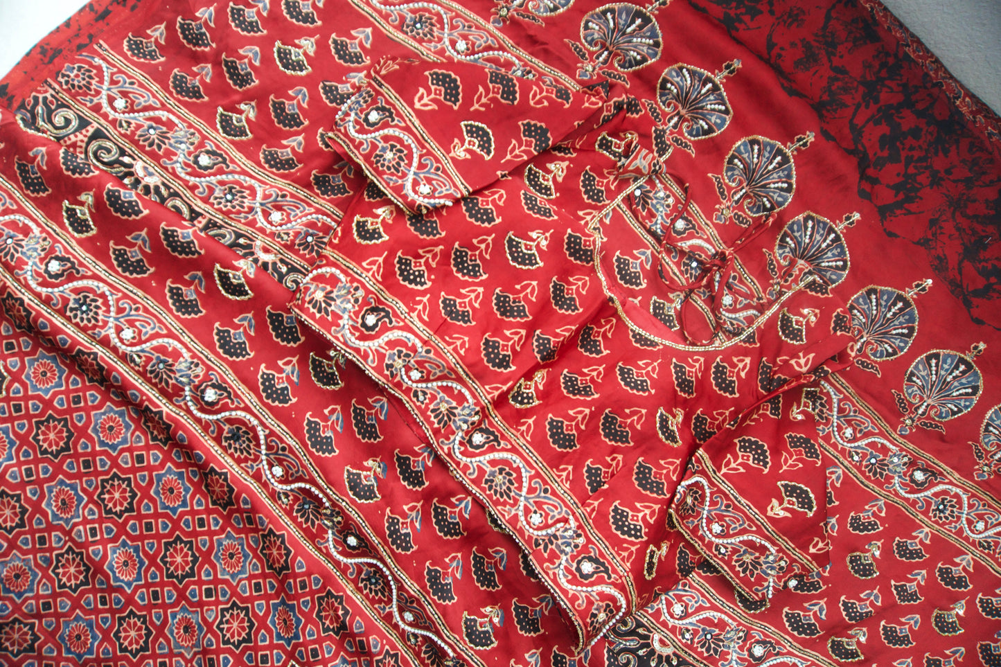 Red Ajrakh Modal Silk Handwork Saree