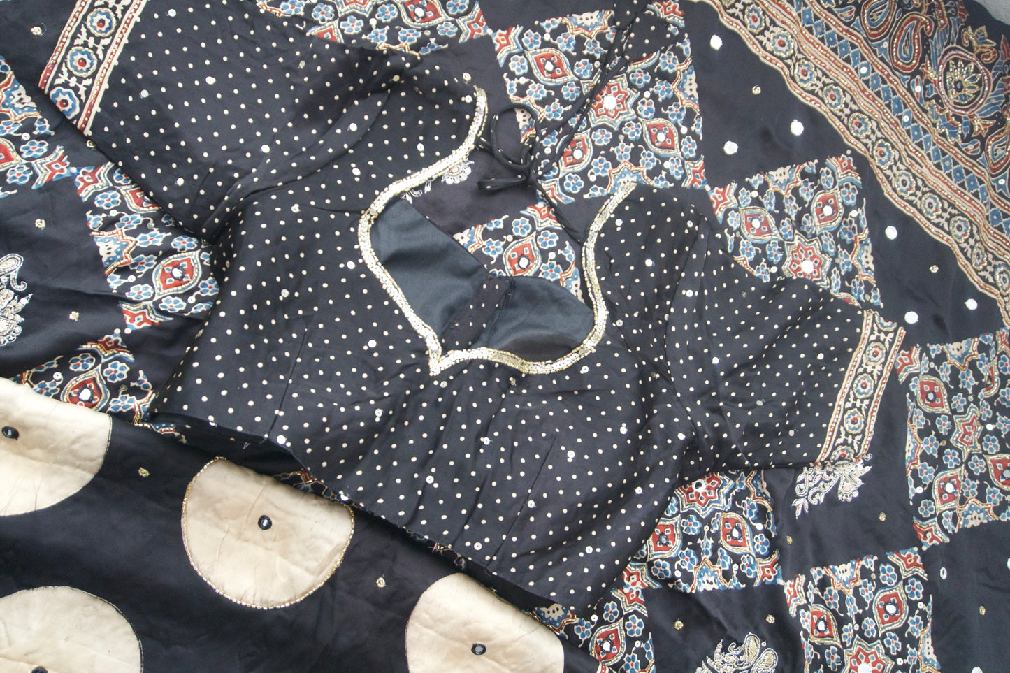 Black Ajrakh Modal Silk Handwork Saree - Circles Pattern