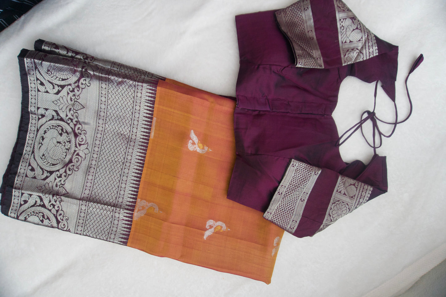 Brick peach pure mangalgiri handloom pattu saree with wine blouse