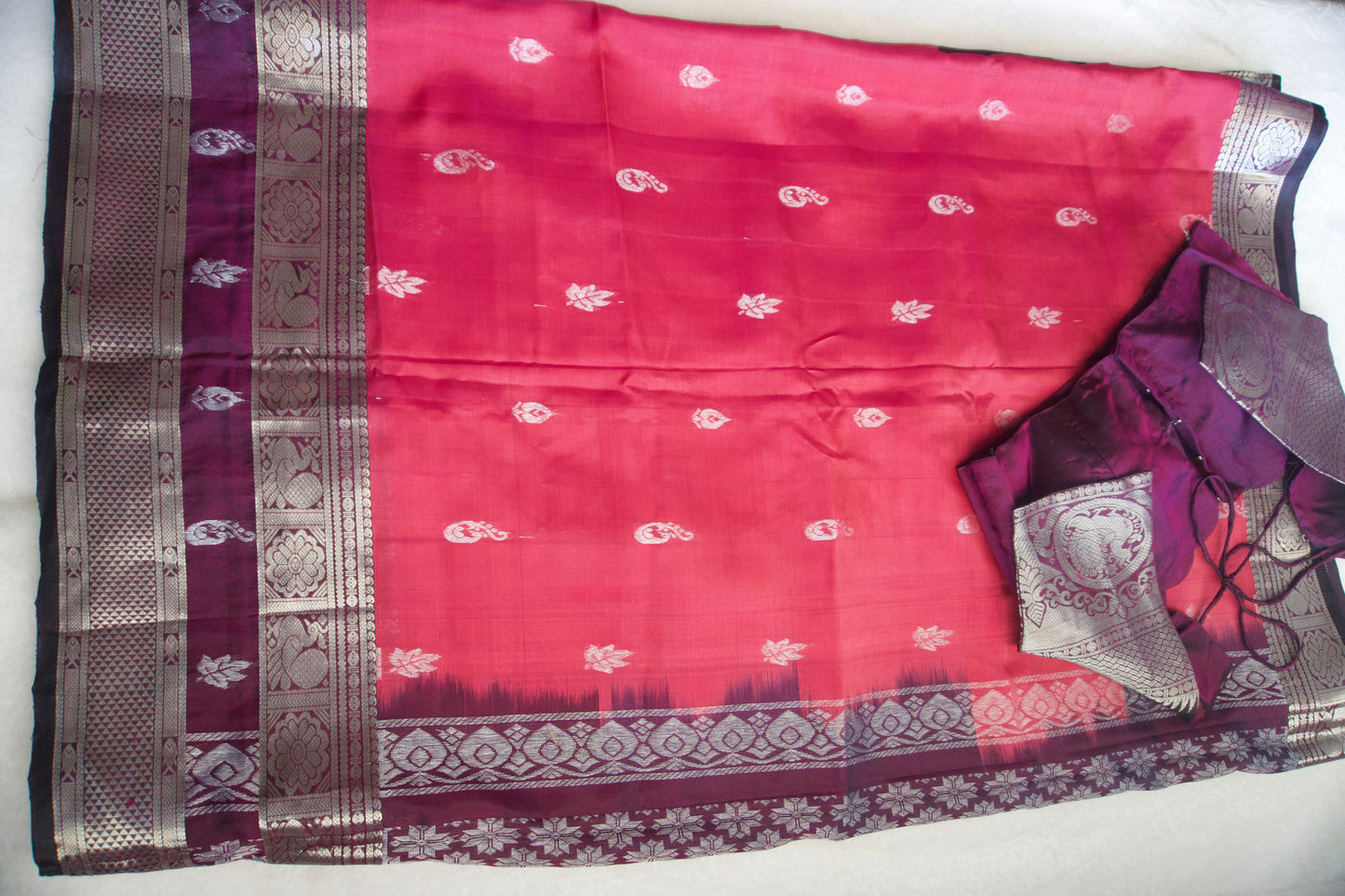 Pink pure mangalgiri handloom pattu saree with wine blouse