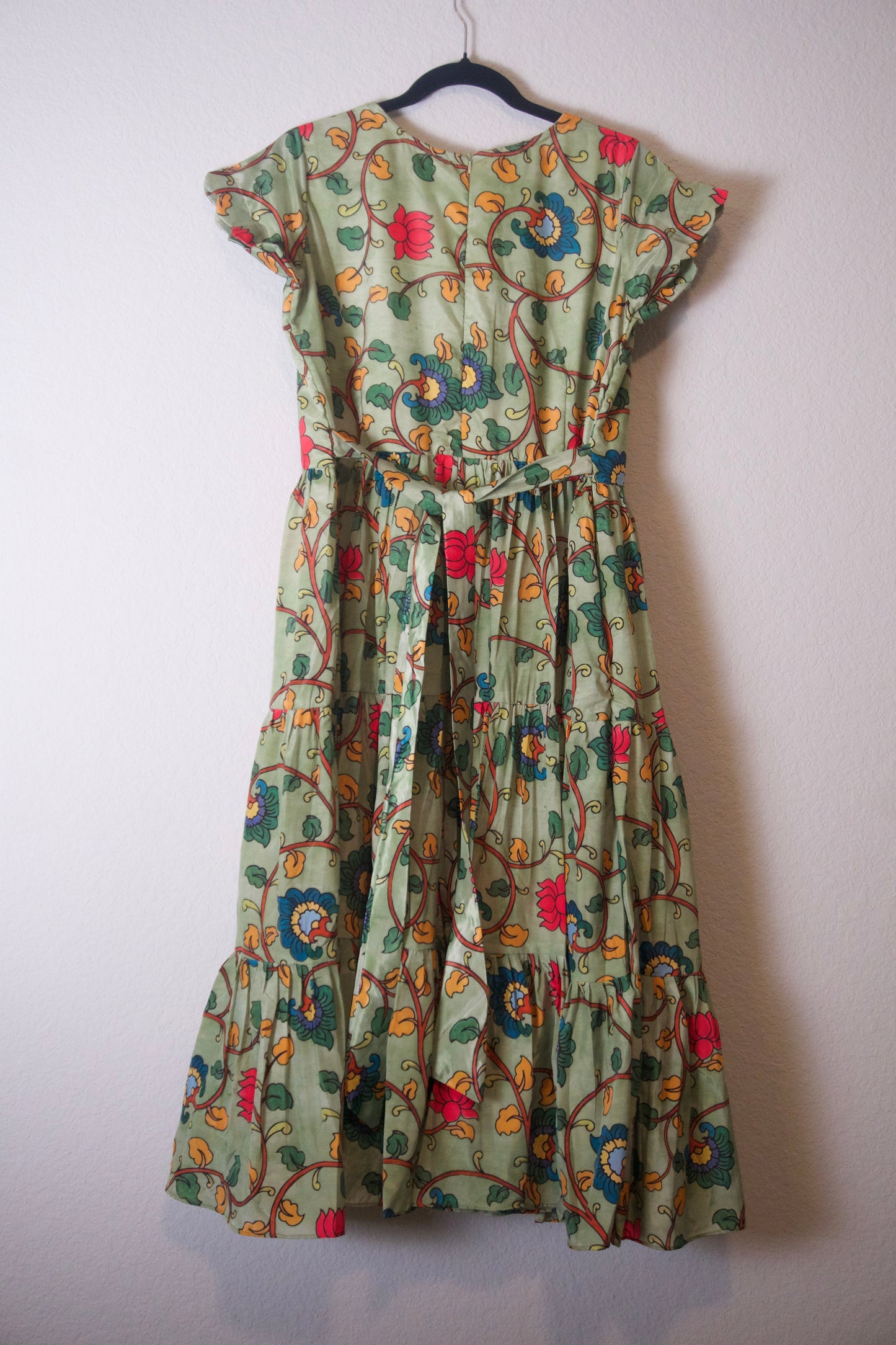 Green Kalamkari Silk Short Scallop Sleeves Frock