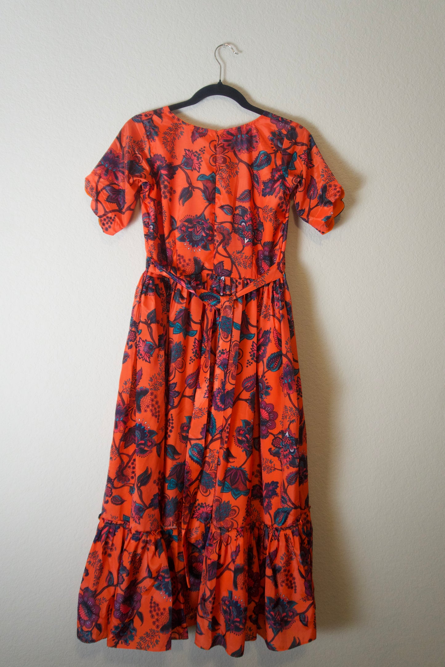 Orange Kalamkari Silk Elbow Scallop Sleeve Frock