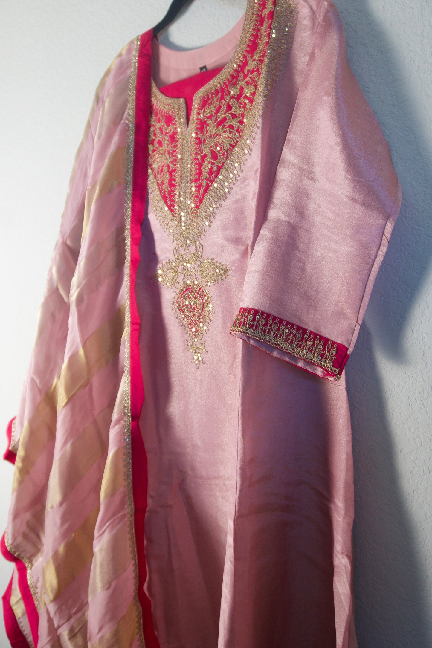 Baby pink tissue A-line kurti set with gorgeous tissue dupatta