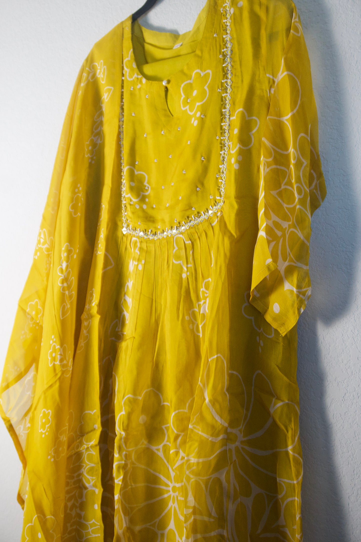 Yellow chinnon floral A-line 3 piece kurti set