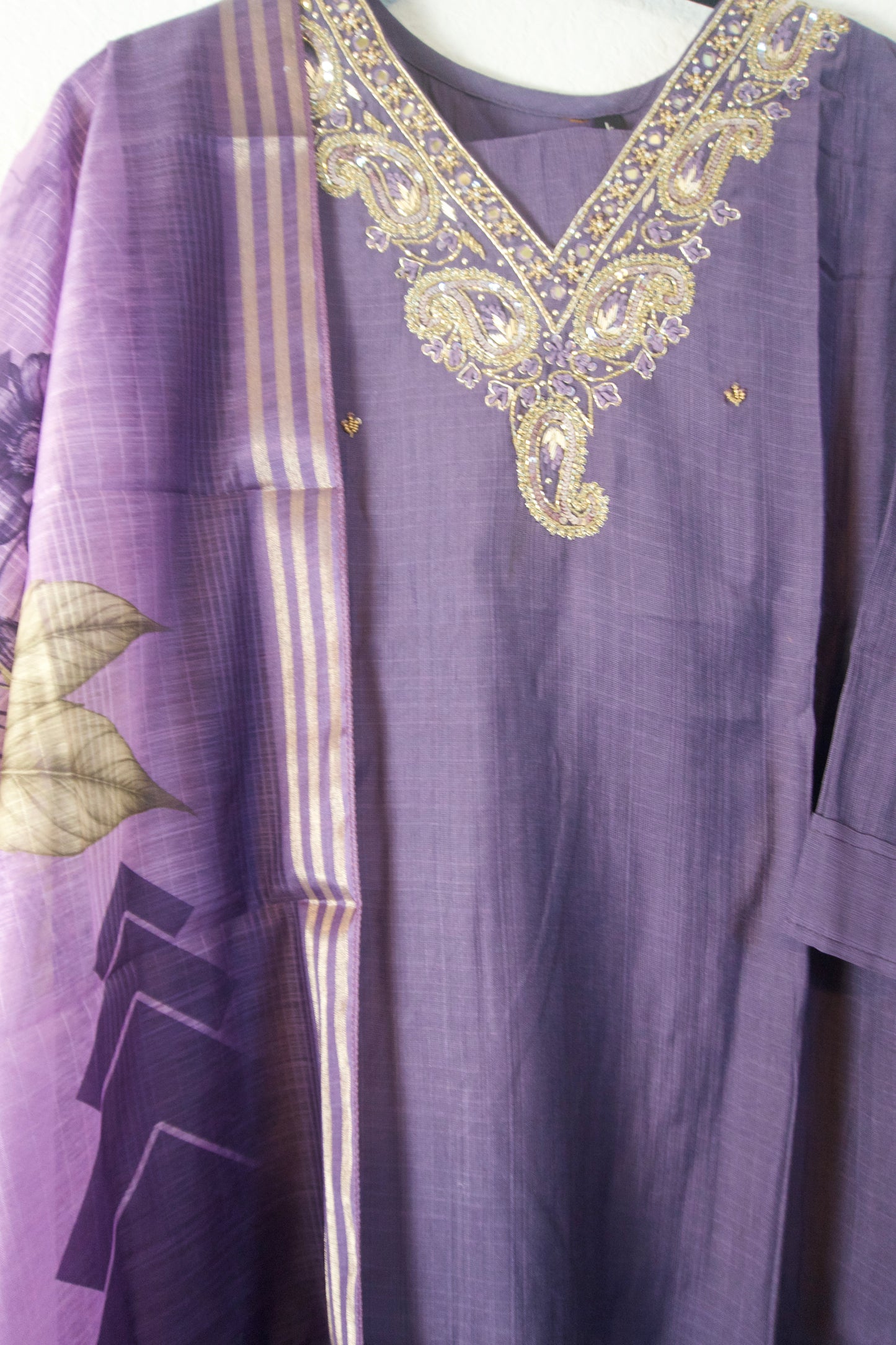Purple shade vatican silk handwork anarkali kurti set with floral dupatta