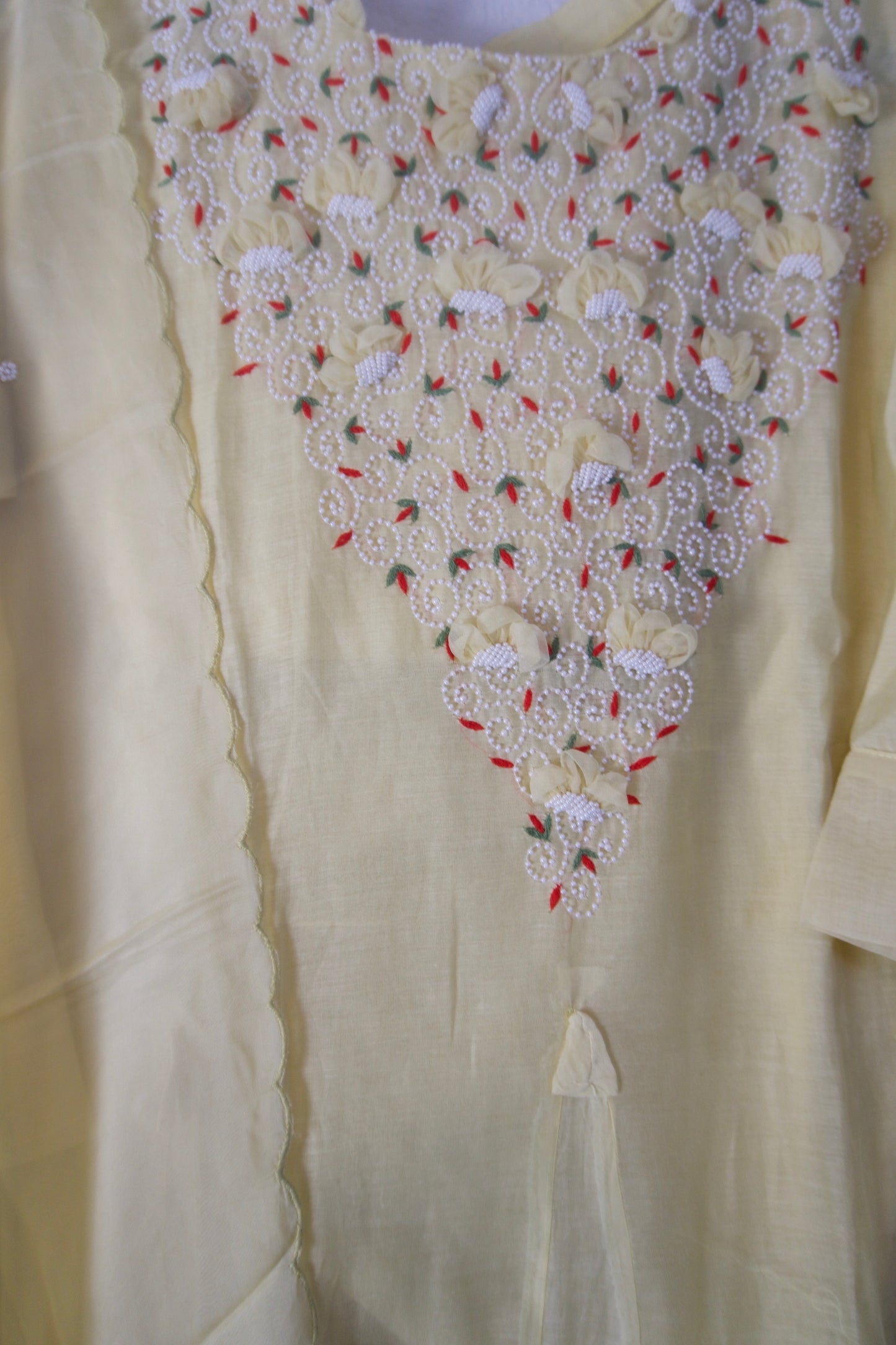 Pastel Yellow Mul Chanderi Kurti Set with Pearl Work and Organza Dupatta – Festive Indian Designer Suit