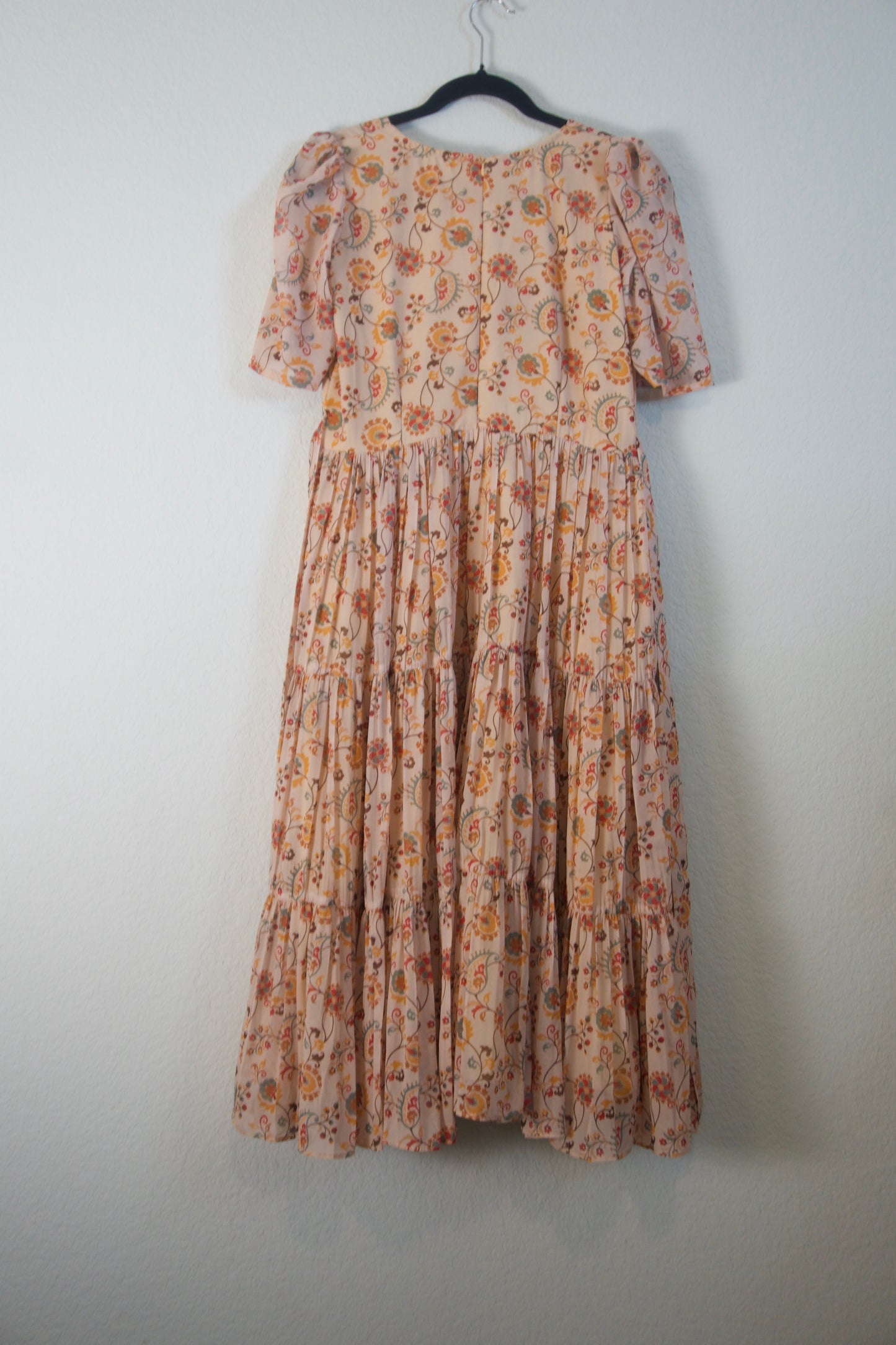 Biege Floral Georgette 3 tier frock with elbow sleeves