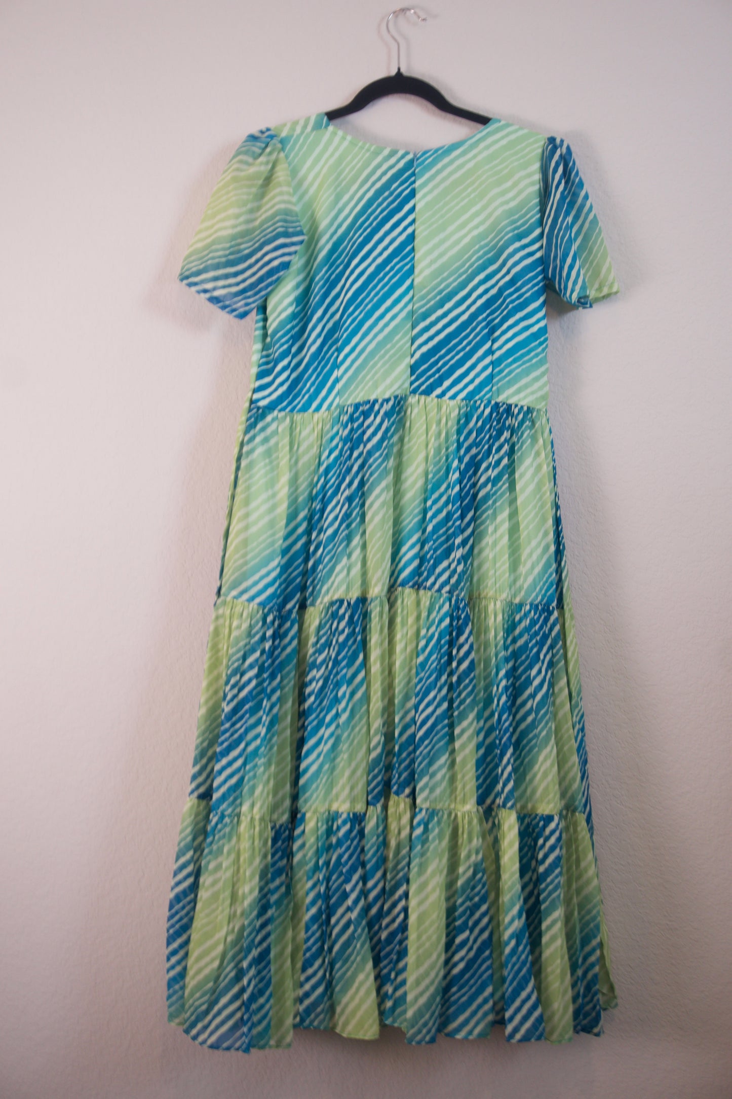 Green Lehariya Georgette 3 tier frock with elbow sleeves