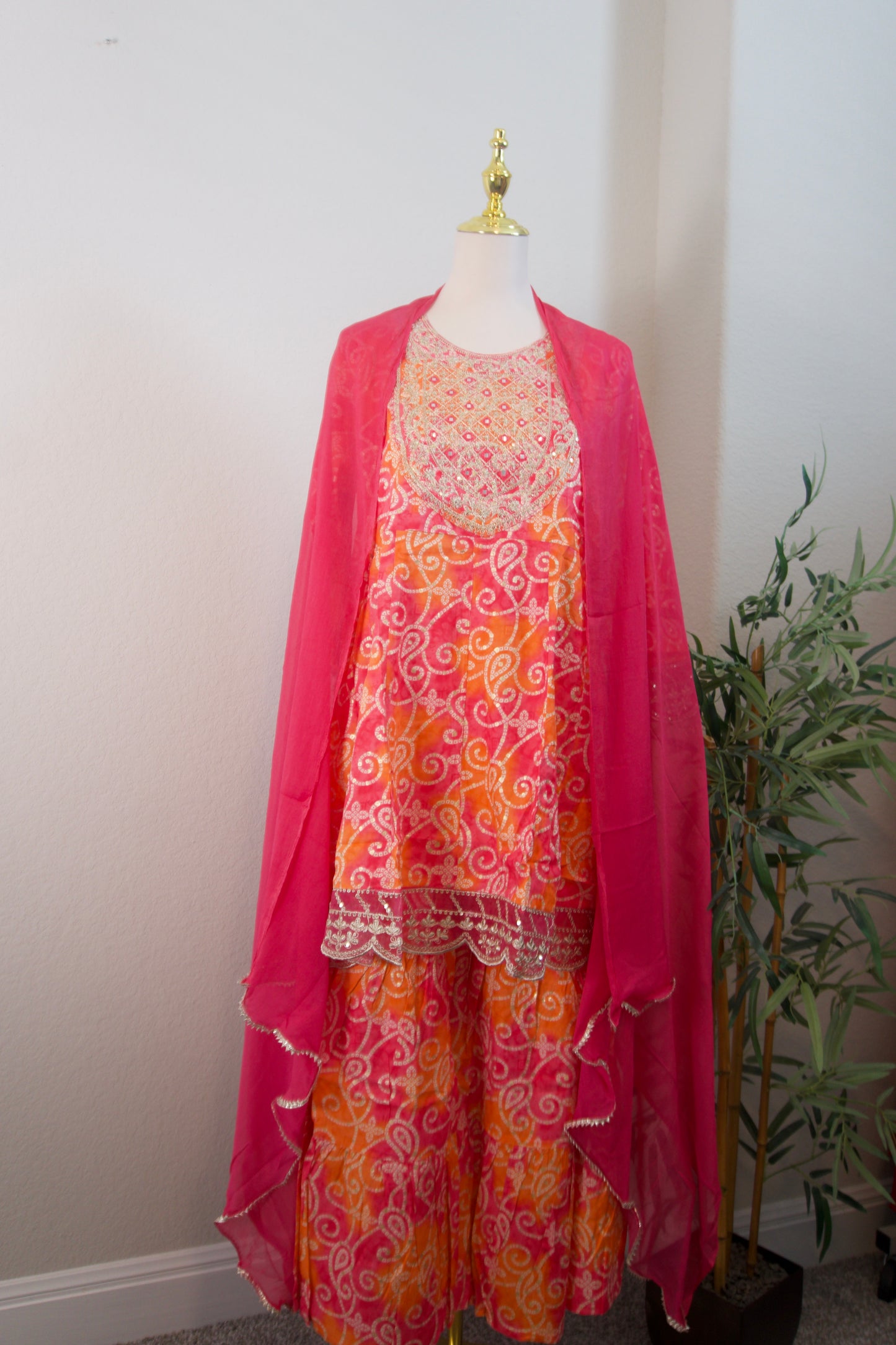 Pink and orange bandhini sharara set