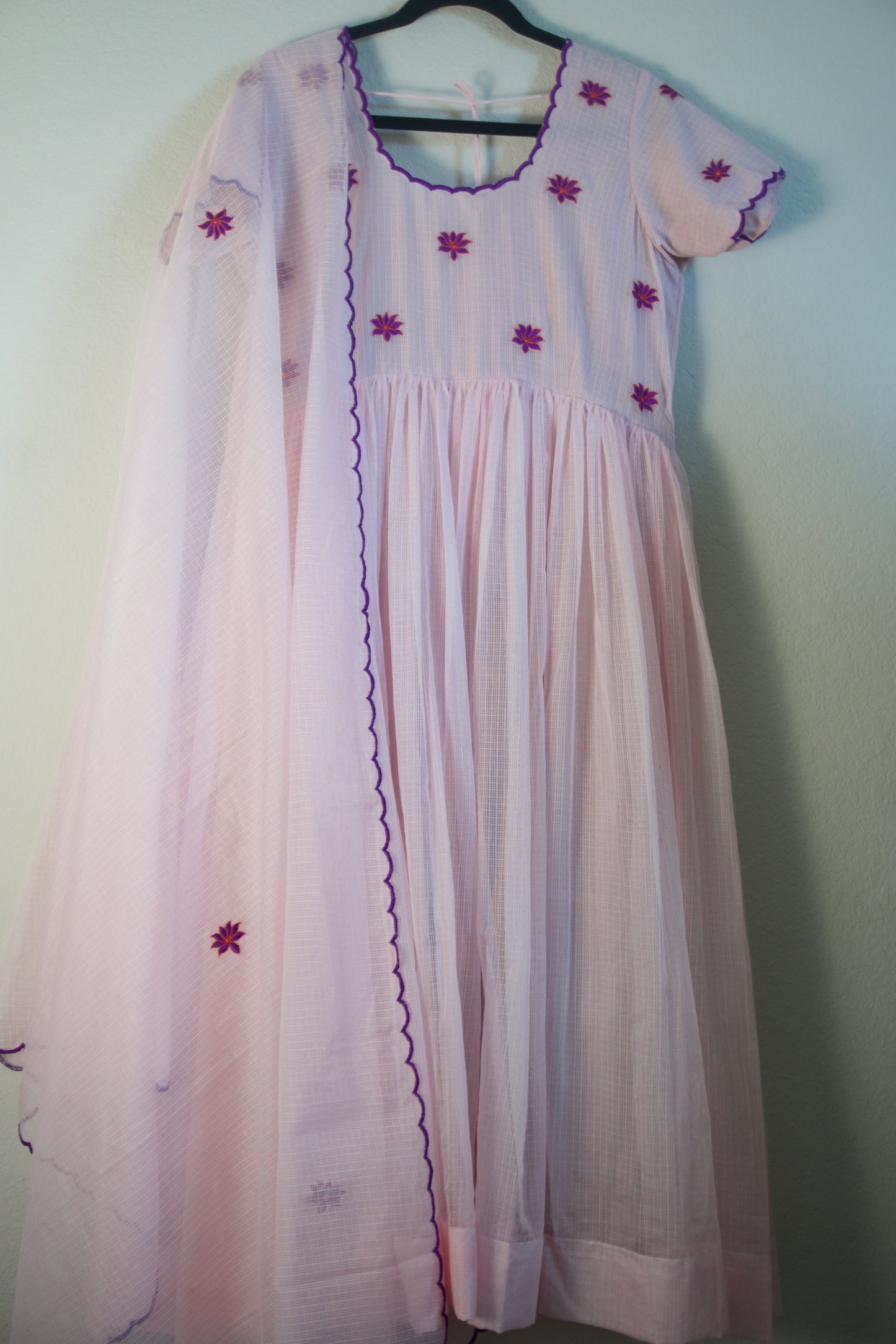 Light Pink Embroidered Kota Anarkali Set