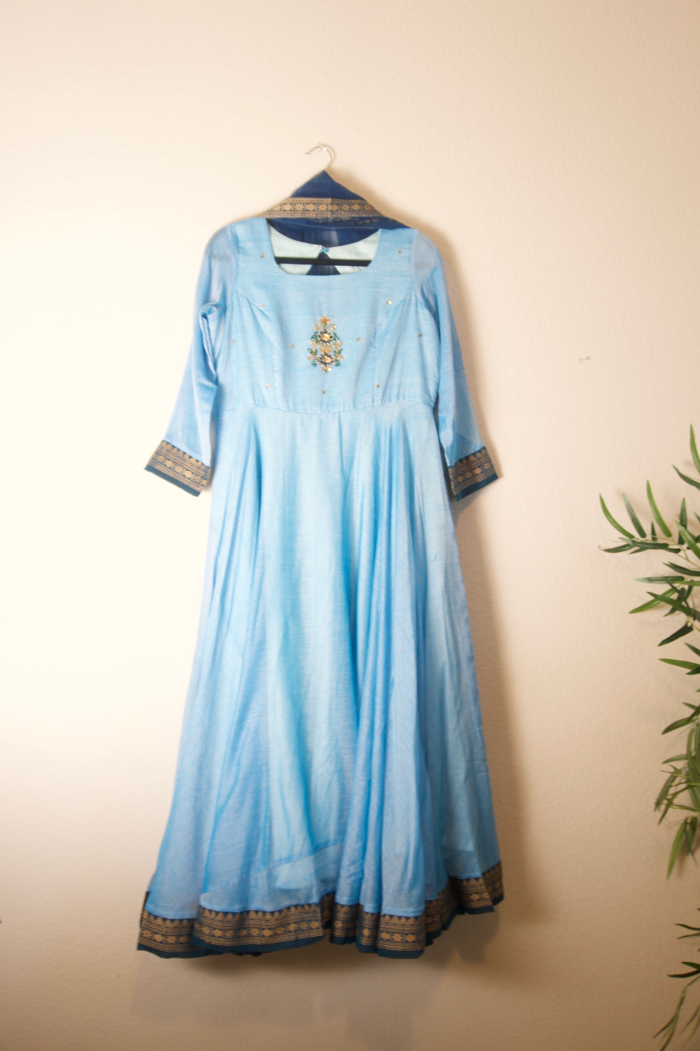 Sky Blue Narayanpet Maggam Work Anarkali with Dupatta