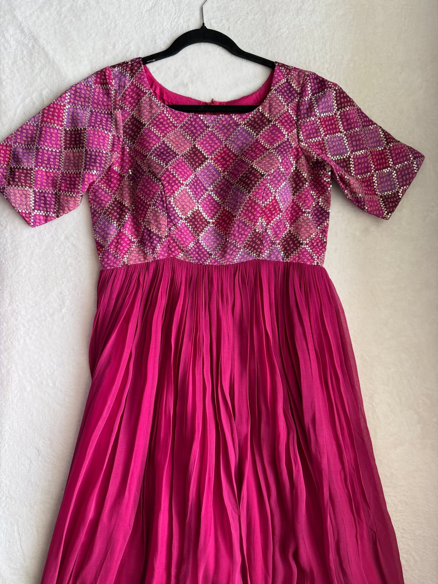 Pink georgette long anarkali dress - designer yolk sequin detailing