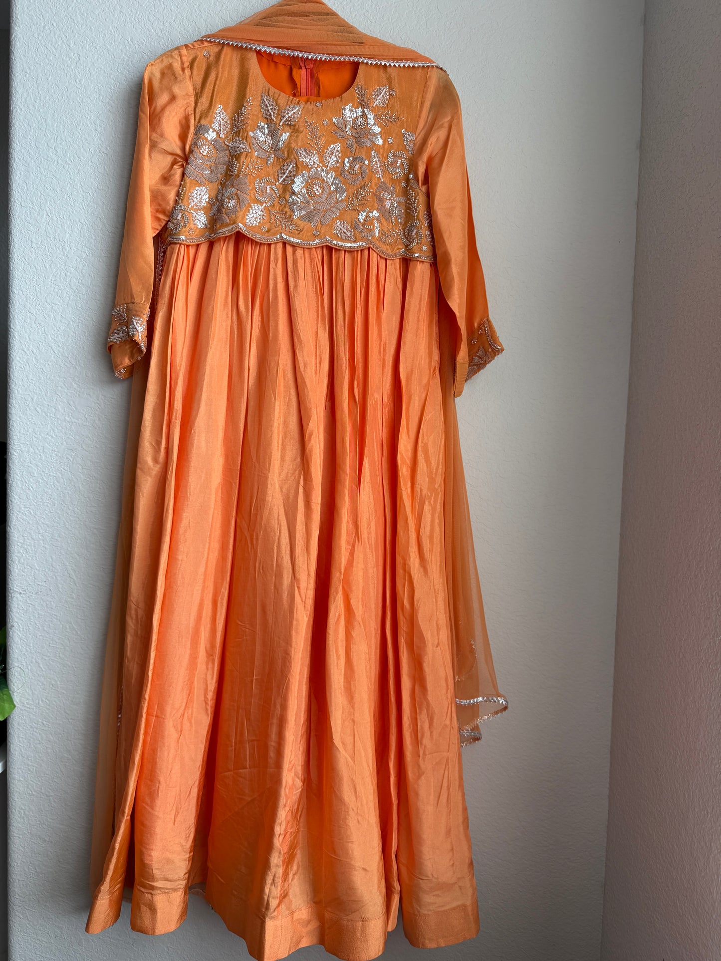 Orange shade uppada silk anarkali set with beautiful yolk detailing