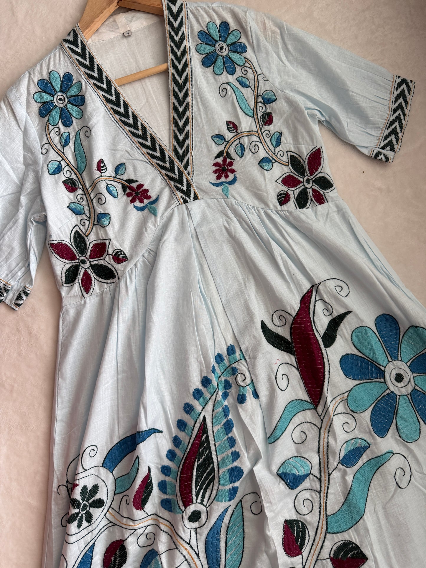 Light Blue Floral Embroidered Tunic Dress – Cotton Midi Dress