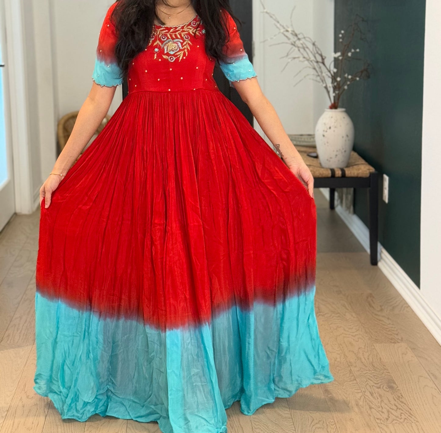 Red with teal dual shade chinnon long designer anarkali dress with maggam work detailing on the yolk