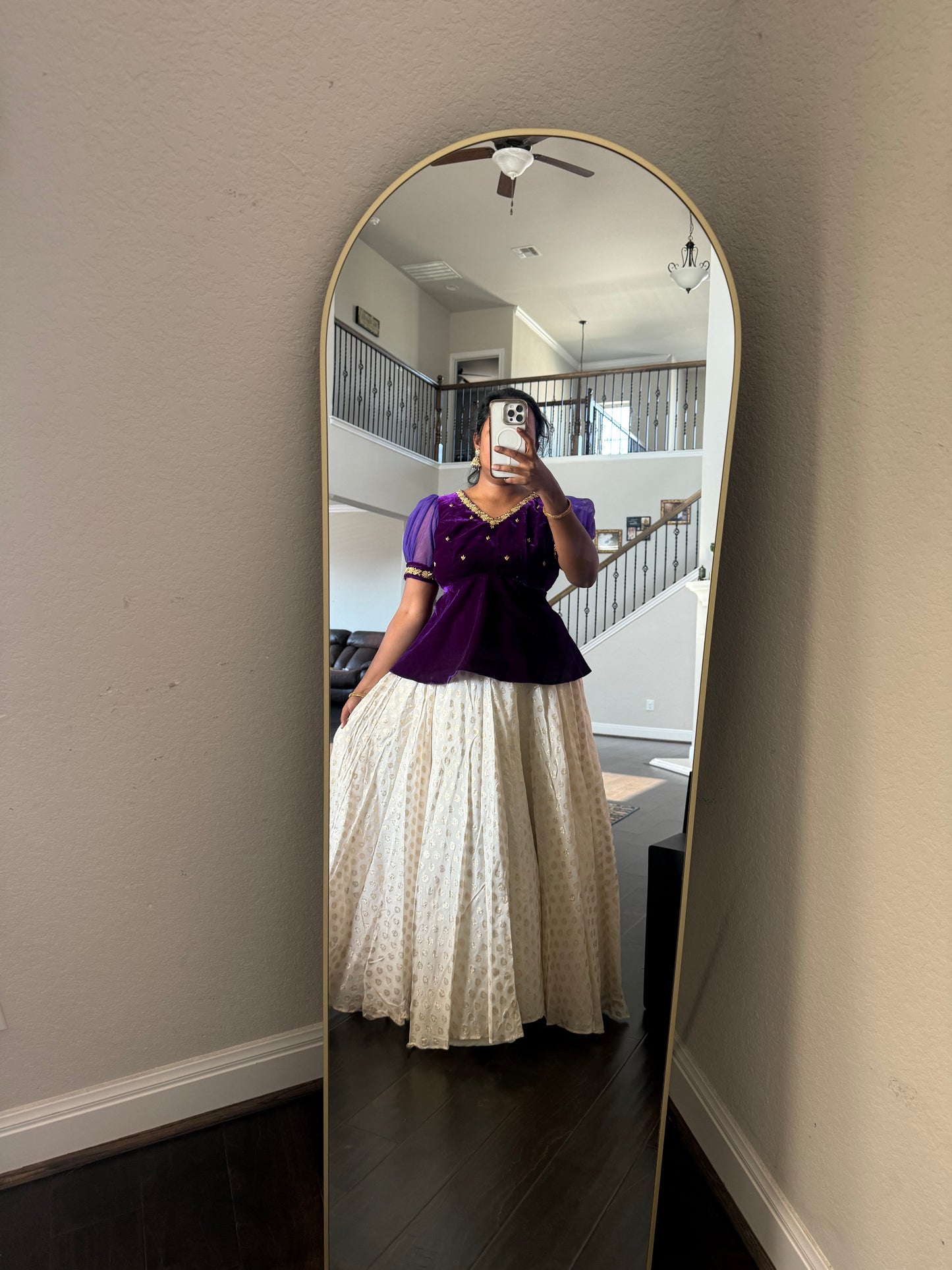Purple Velvet peplum top with banarasi skirt