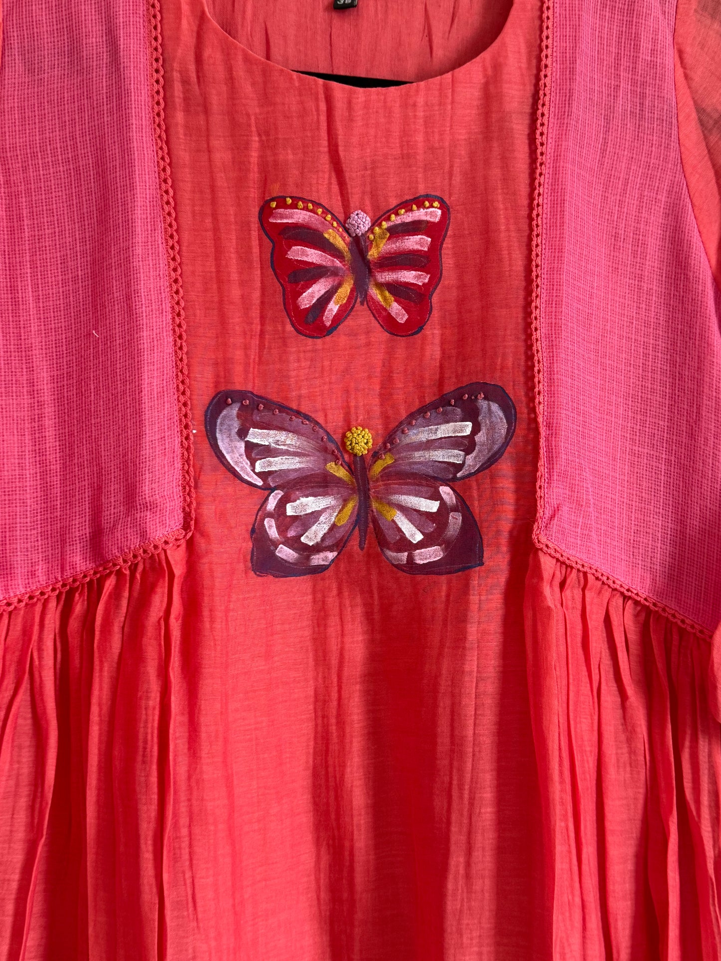 Coral Pink Mul Chanderi Handpainted Butterfly Design Tunic