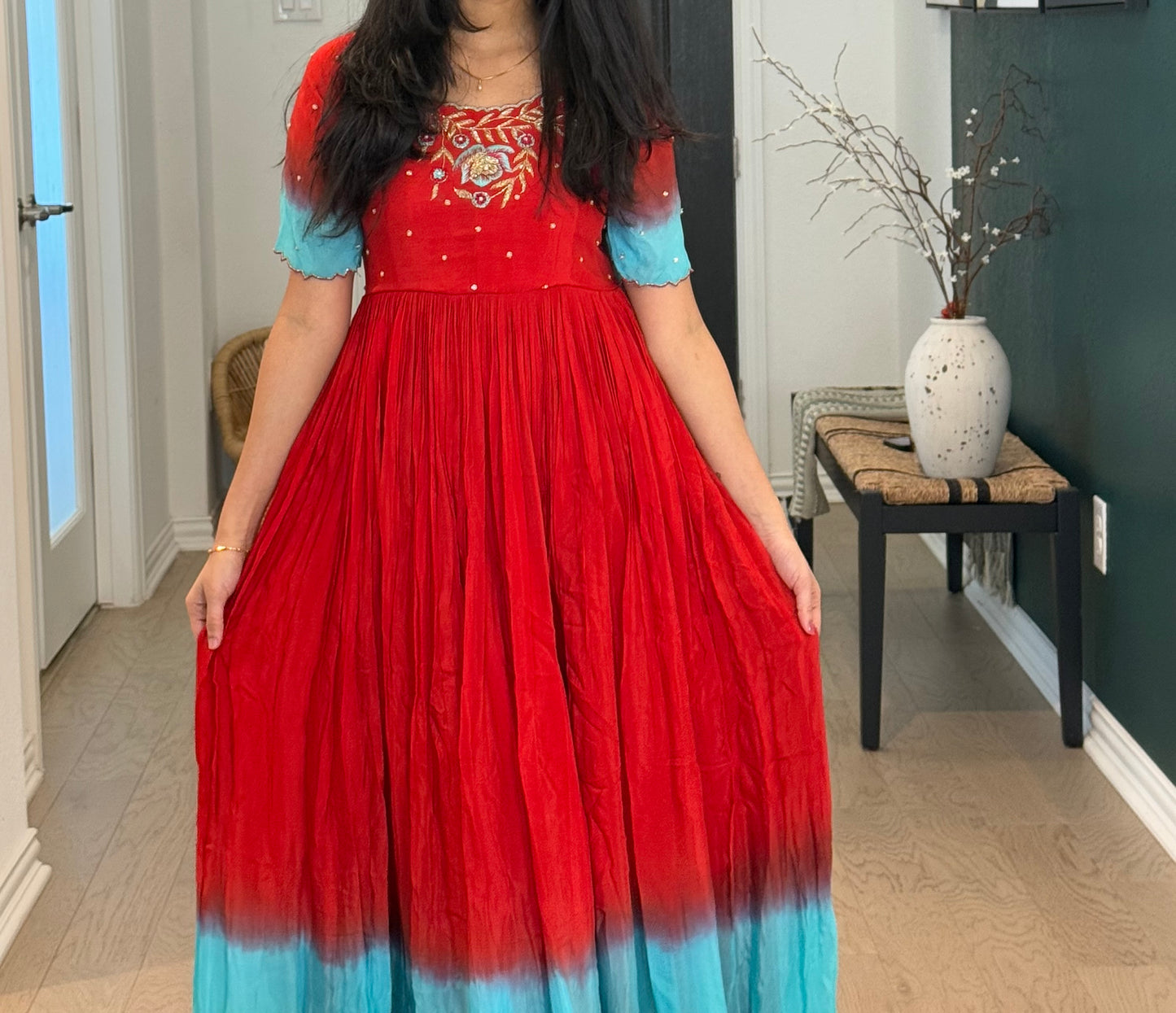 Red with teal dual shade chinnon long designer anarkali dress with maggam work detailing on the yolk