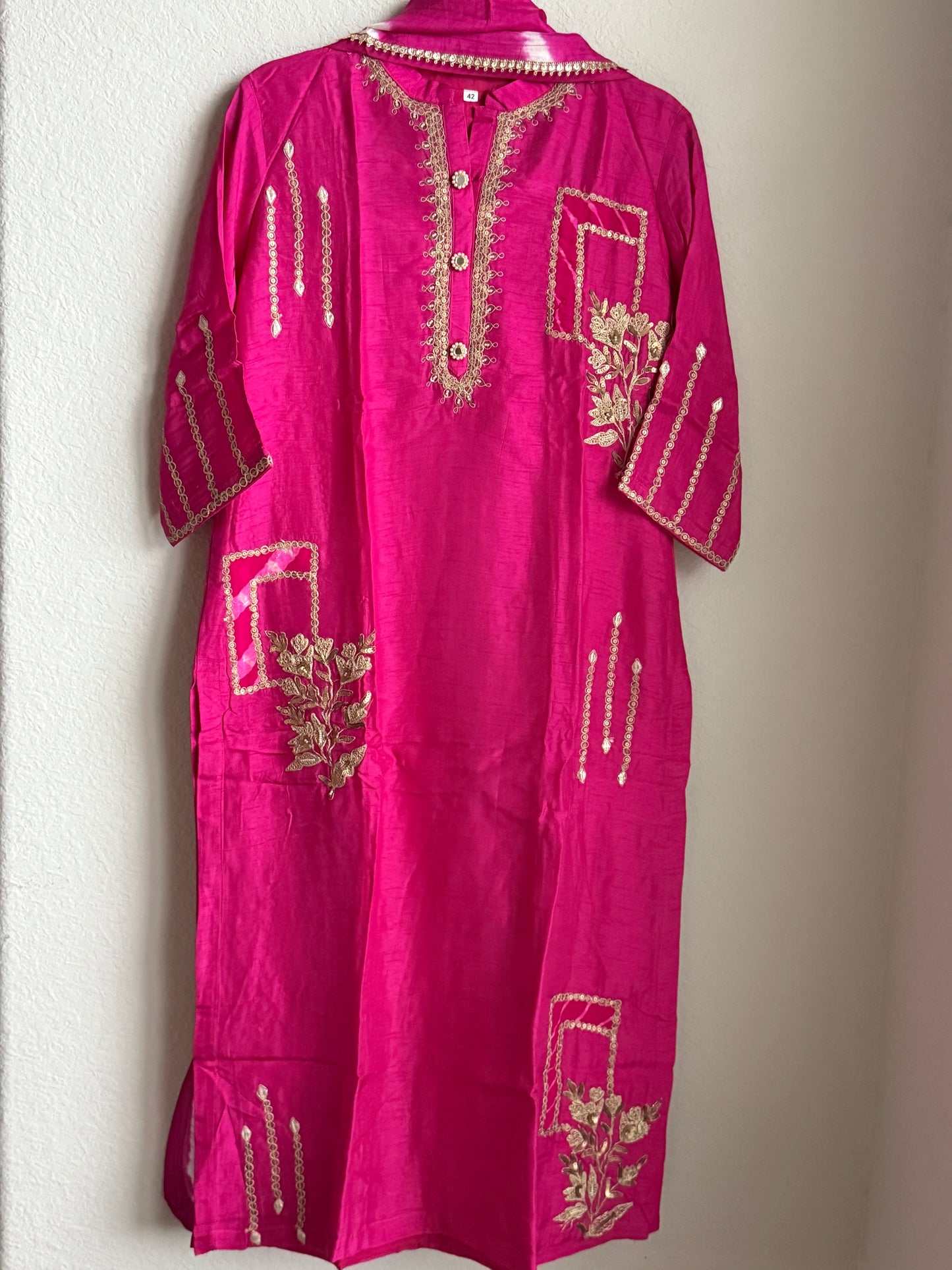 Pink Dola Silk Heavy Work Straight Cut Kurti Set with Leheriya Dupatta