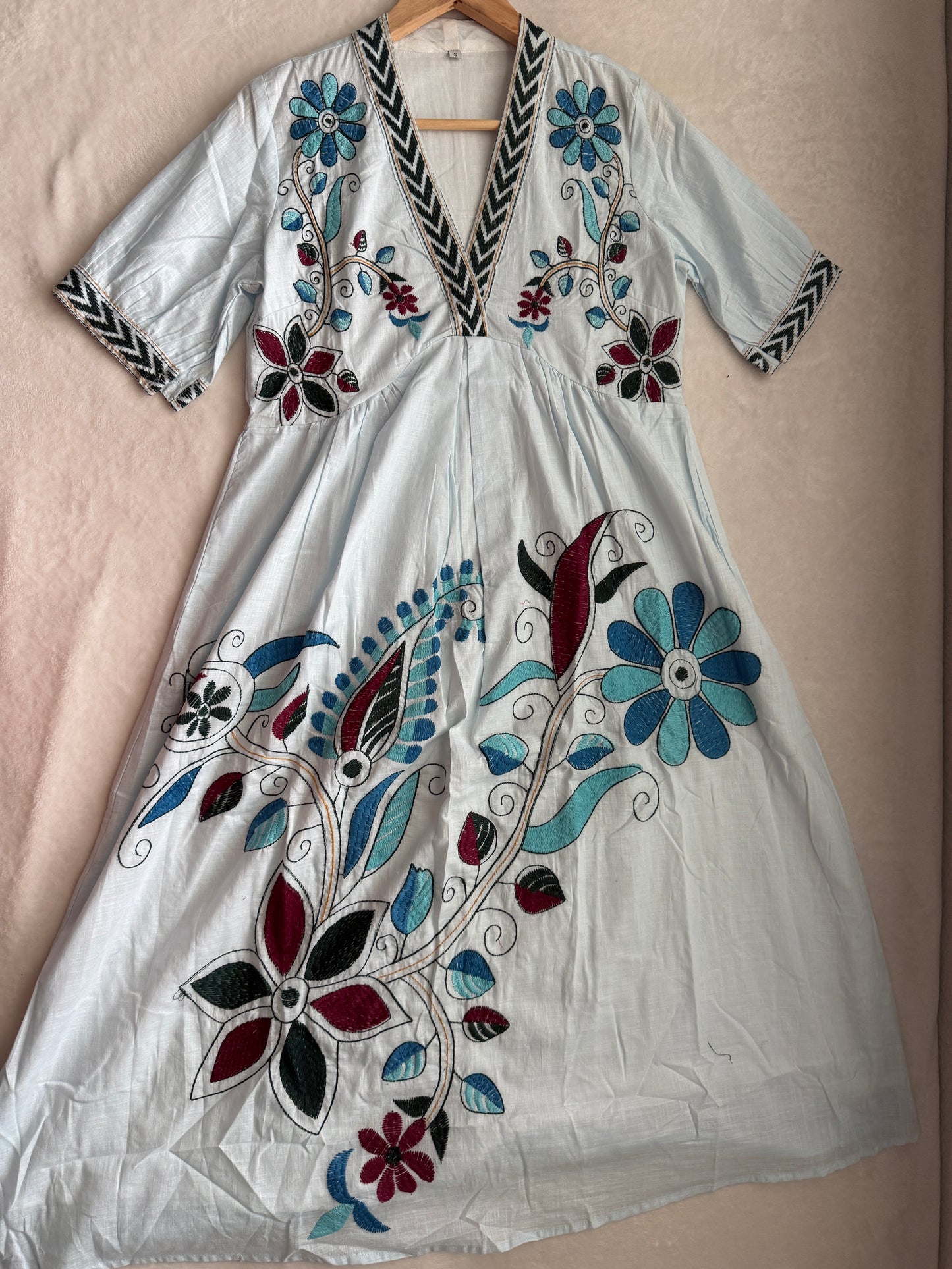 Light Blue Floral Embroidered Tunic Dress – Cotton Midi Dress