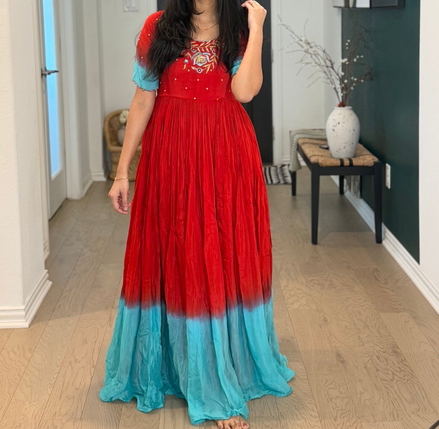 Red with teal dual shade chinnon long designer anarkali dress with maggam work detailing on the yolk