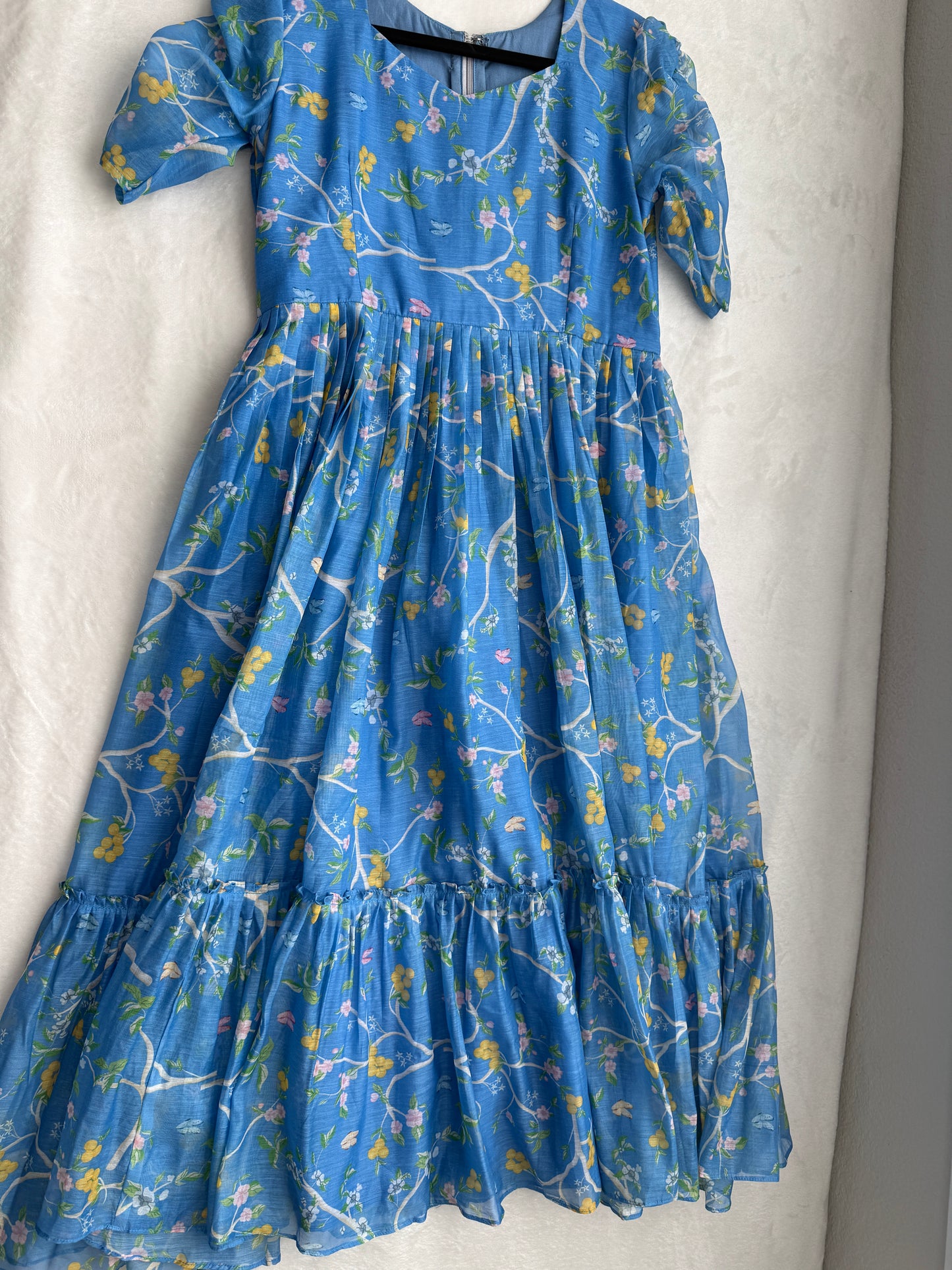 Blue floral mul chanderi midi dress