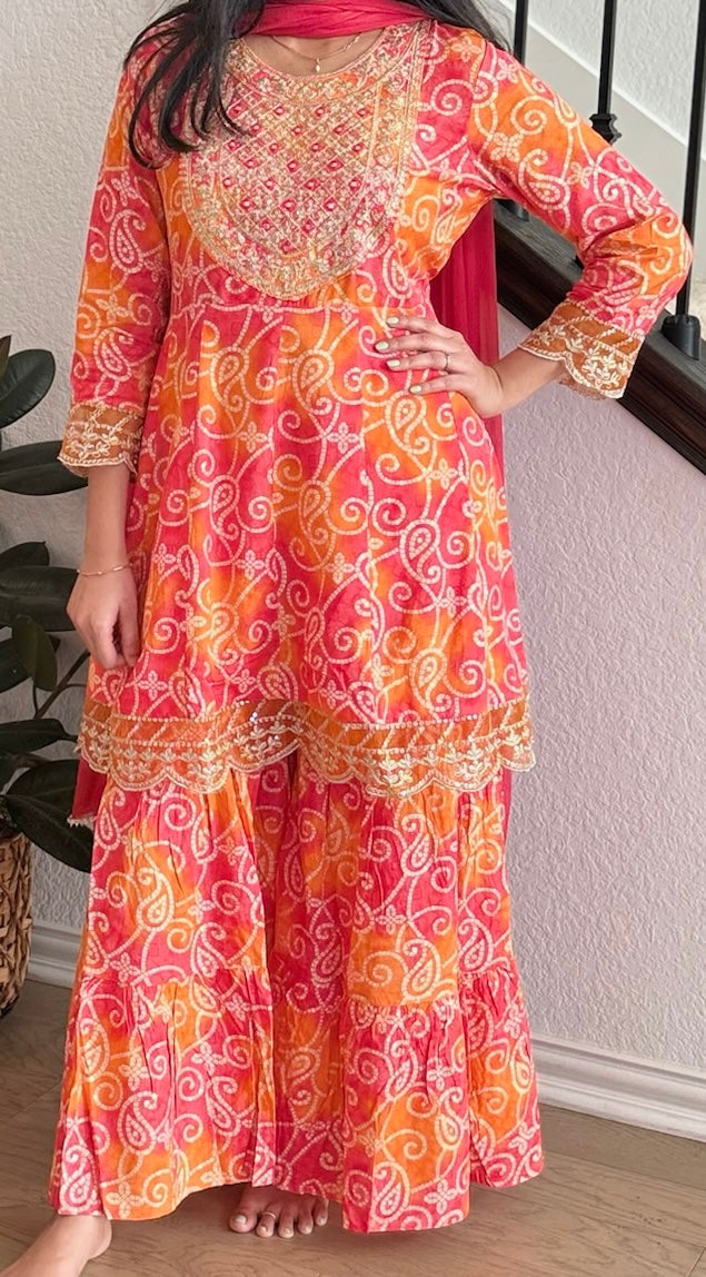 Orange and red bandhini sharara set