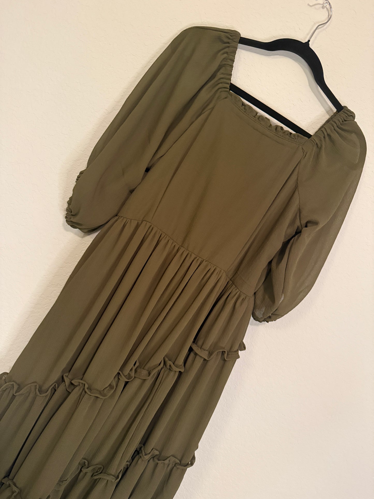 Olive Green Tiered Puff Sleeve Crape Midi Dress – Square Neck Boho Style