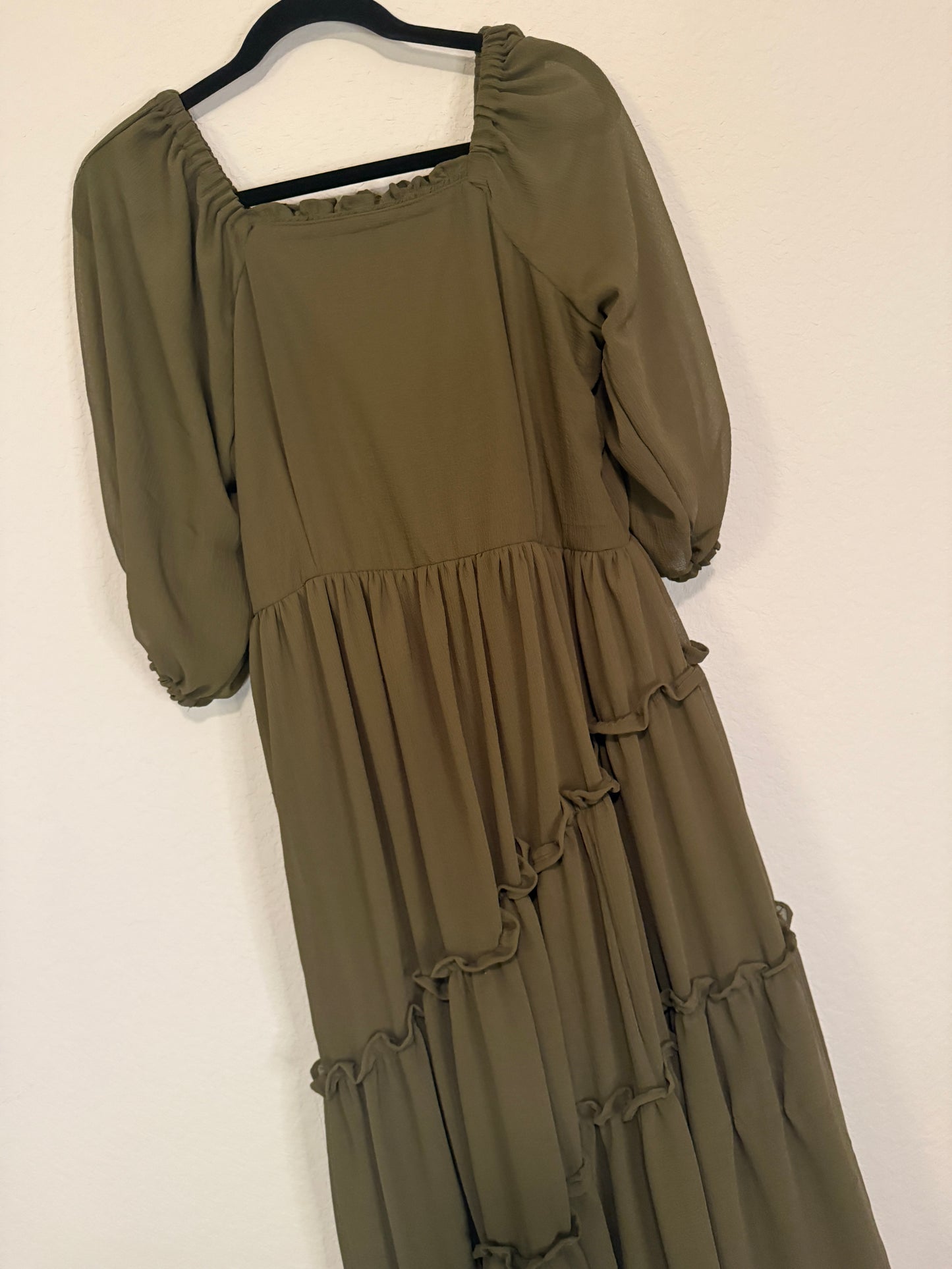 Olive Green Tiered Puff Sleeve Crape Midi Dress – Square Neck Boho Style