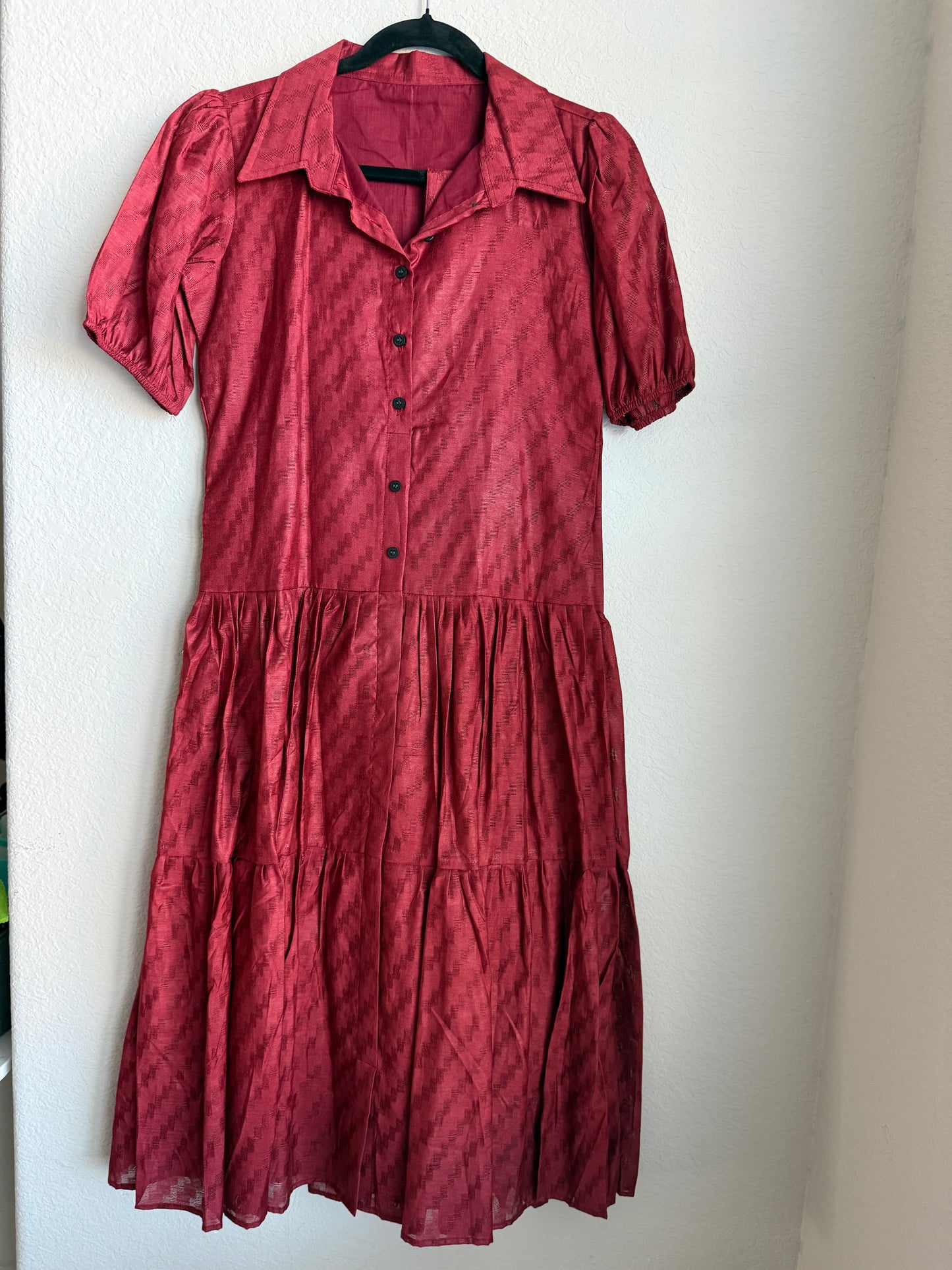 Maroon Cotton Collared Button Midi Dress with Puff Sleeves & Belt