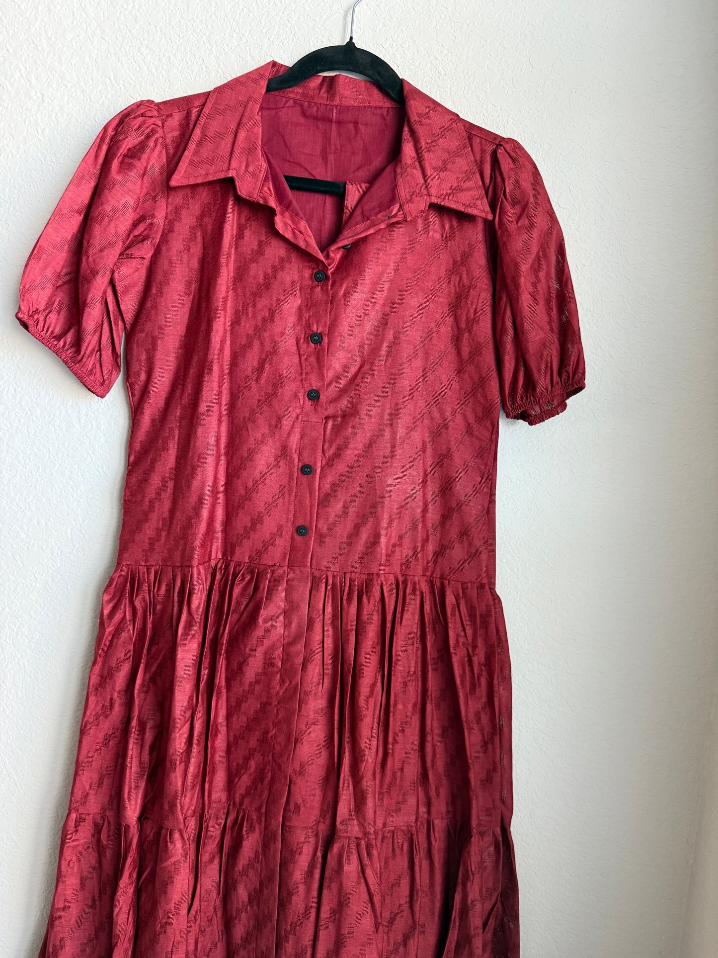 Maroon Cotton Collared Button Midi Dress with Puff Sleeves & Belt
