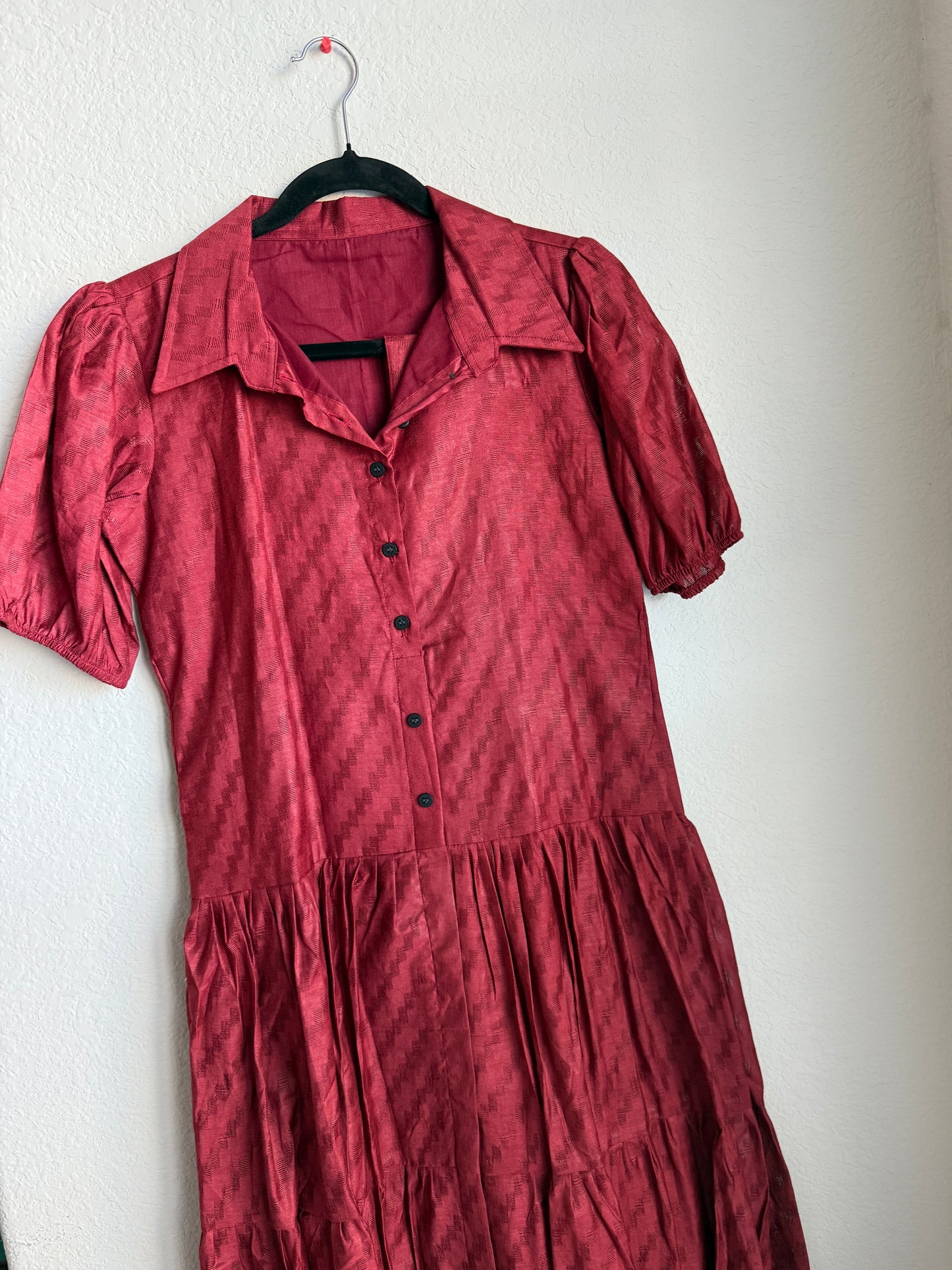 Maroon Cotton Collared Button Midi Dress with Puff Sleeves & Belt