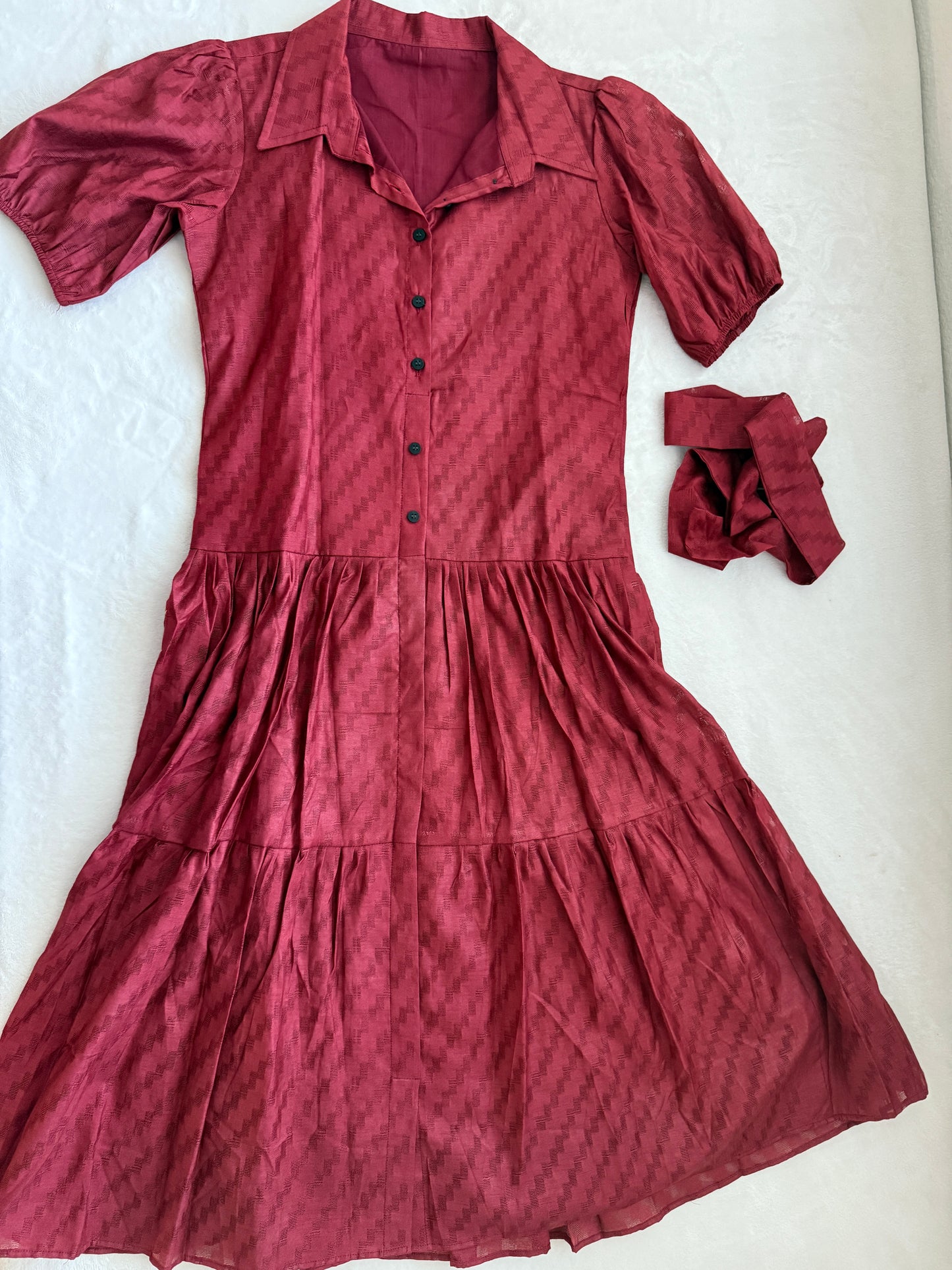 Maroon Cotton Collared Button Midi Dress with Puff Sleeves & Belt