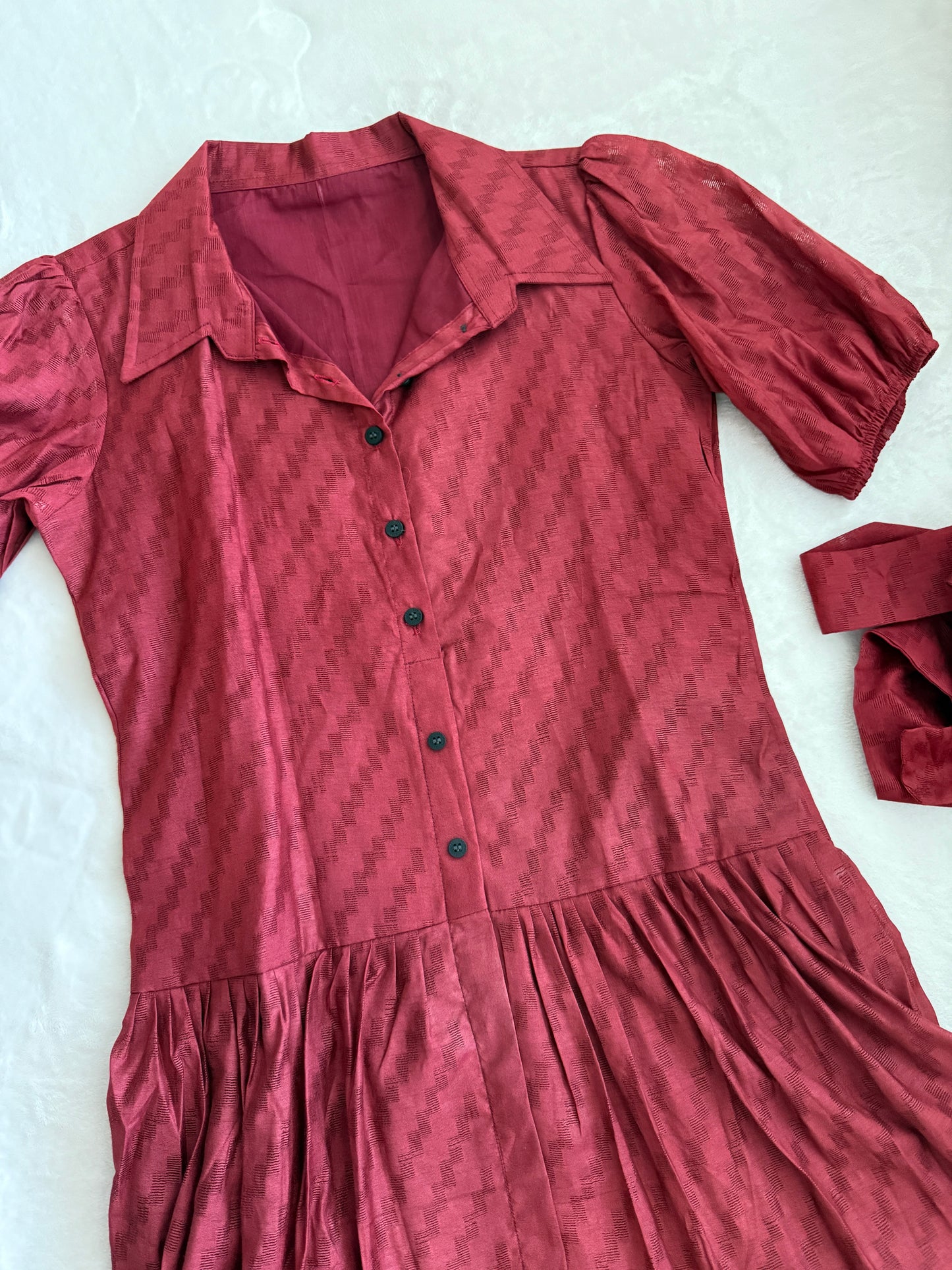 Maroon Cotton Collared Button Midi Dress with Puff Sleeves & Belt
