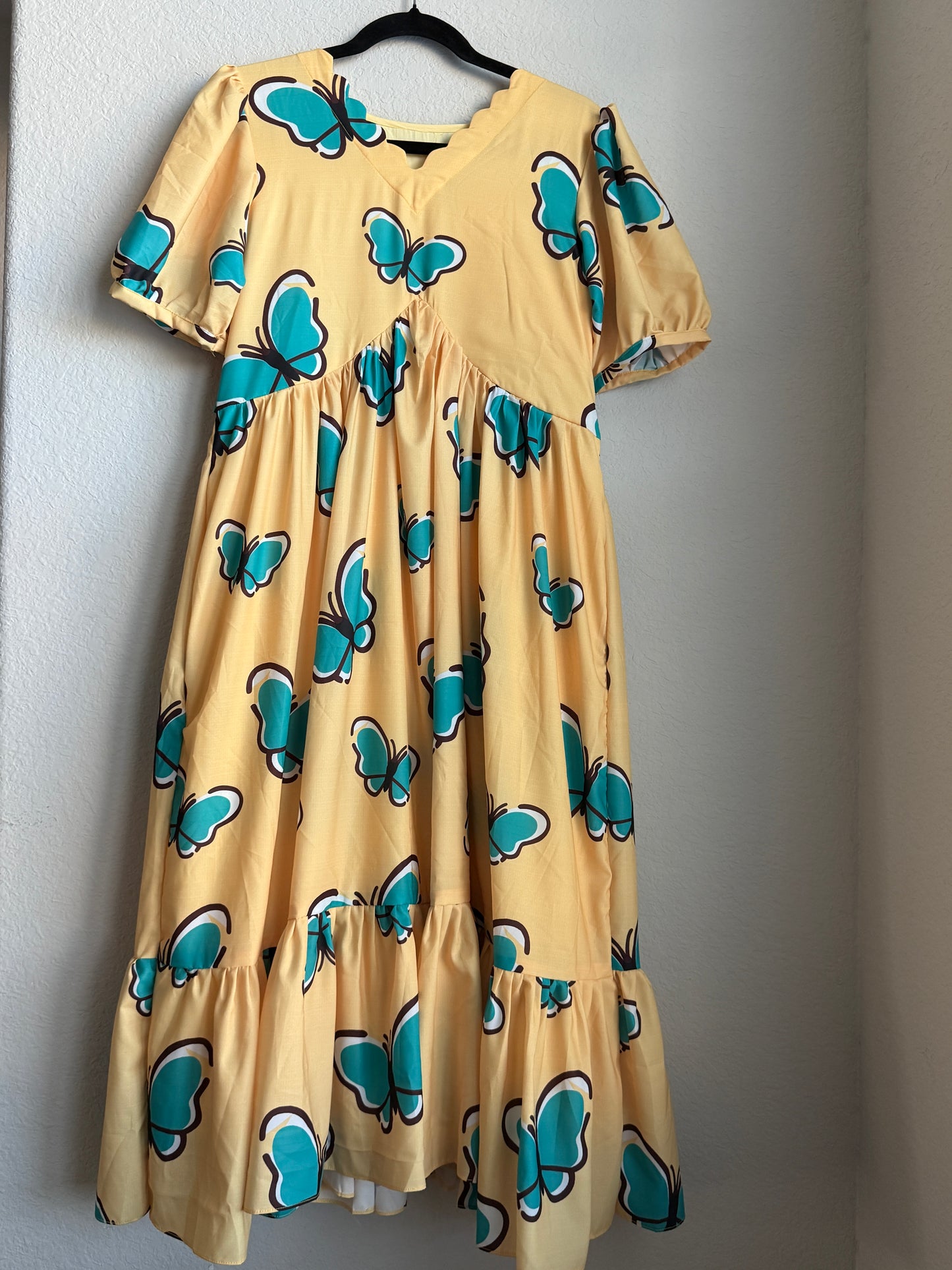 Yellow Butterfly Print Puff Sleeve Cotton Midi Dress with Ruffle Hem