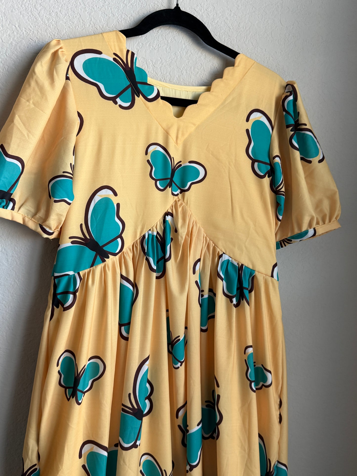 Yellow Butterfly Print Puff Sleeve Cotton Midi Dress with Ruffle Hem