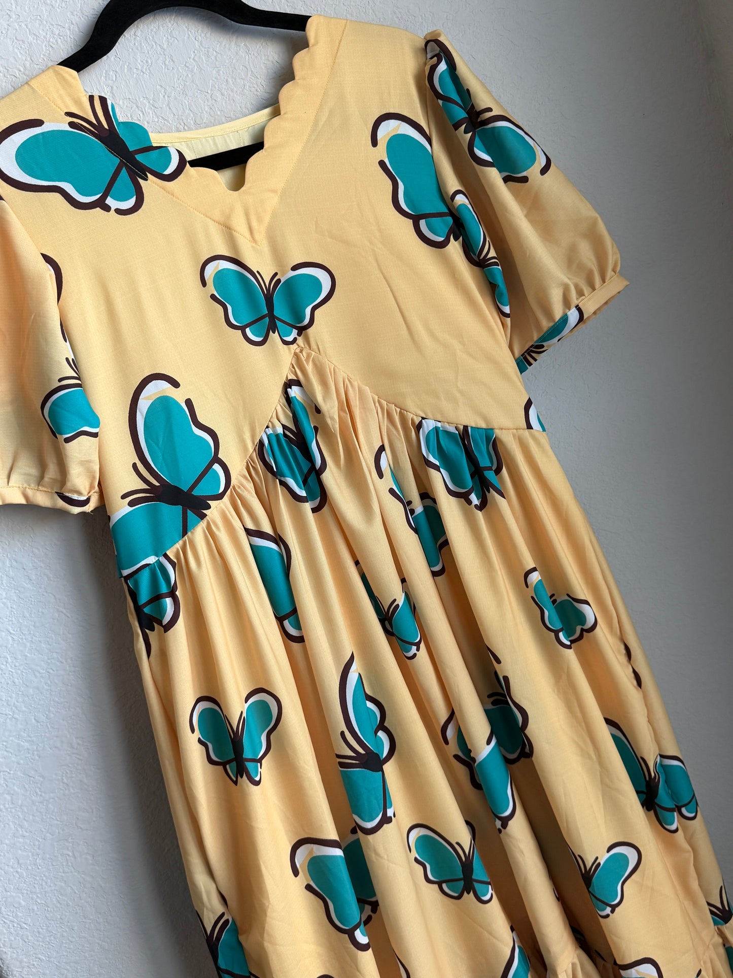 Yellow Butterfly Print Puff Sleeve Cotton Midi Dress with Ruffle Hem