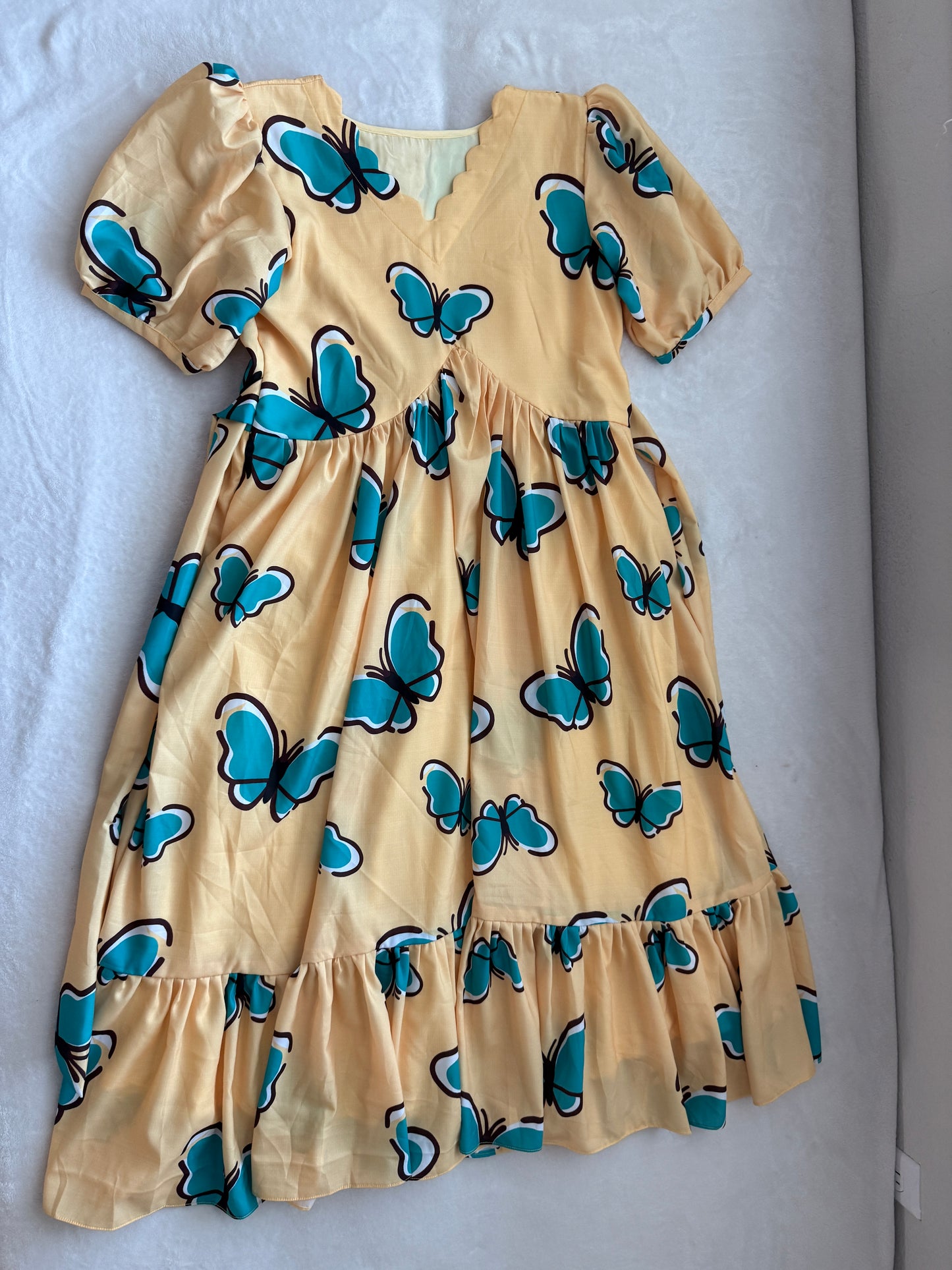 Yellow Butterfly Print Puff Sleeve Cotton Midi Dress with Ruffle Hem