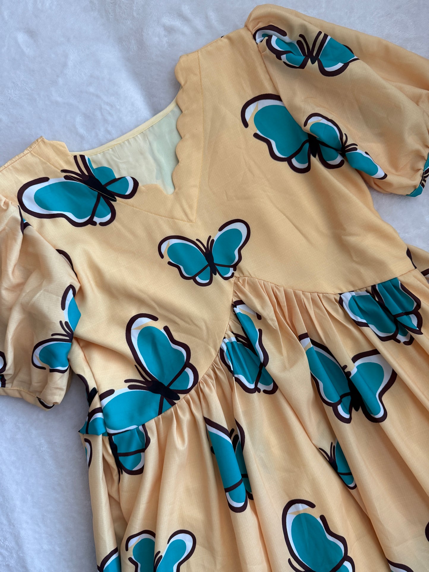 Yellow Butterfly Print Puff Sleeve Cotton Midi Dress with Ruffle Hem